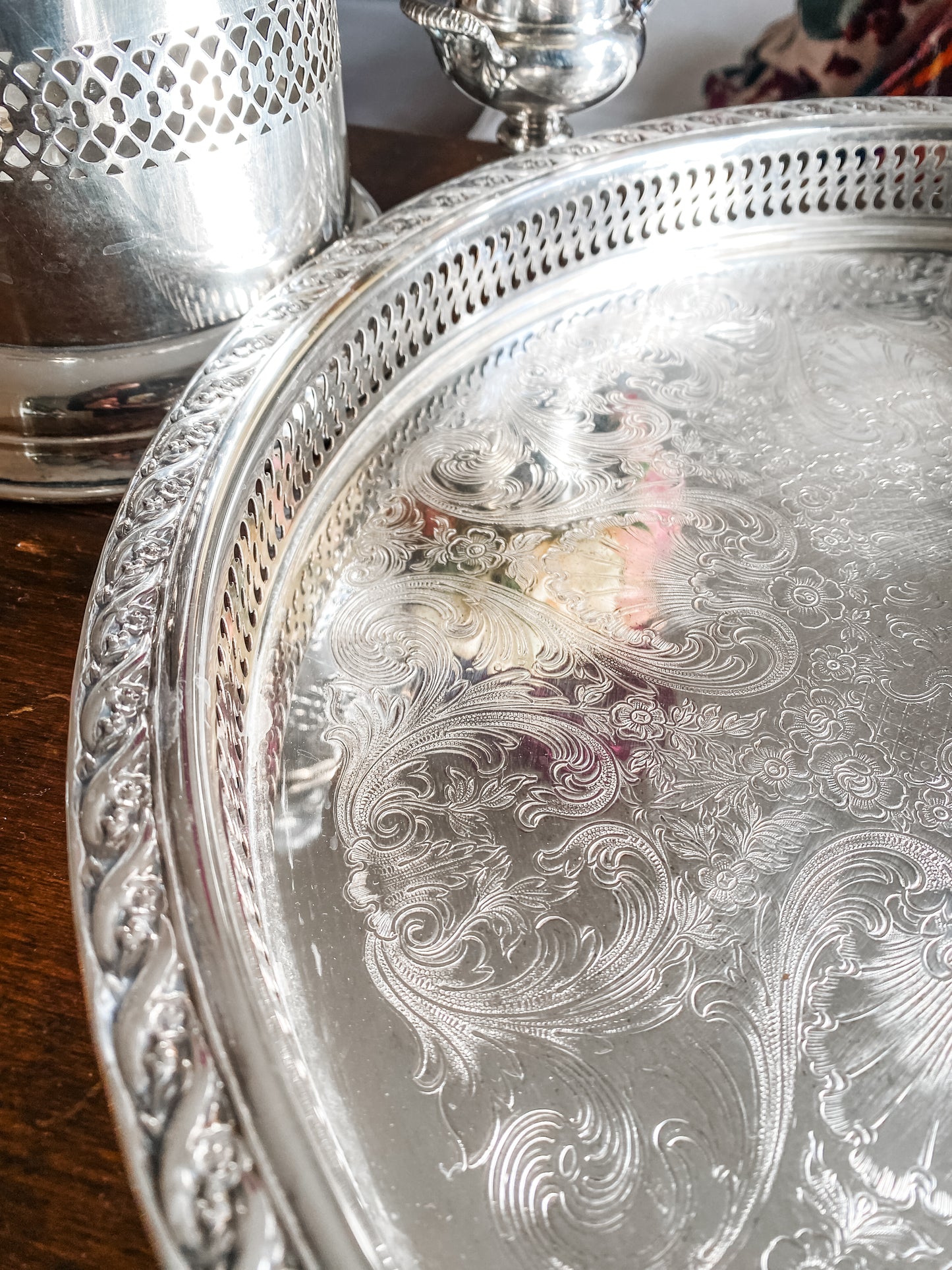 Vintage Round Silverplate Gallery Tray