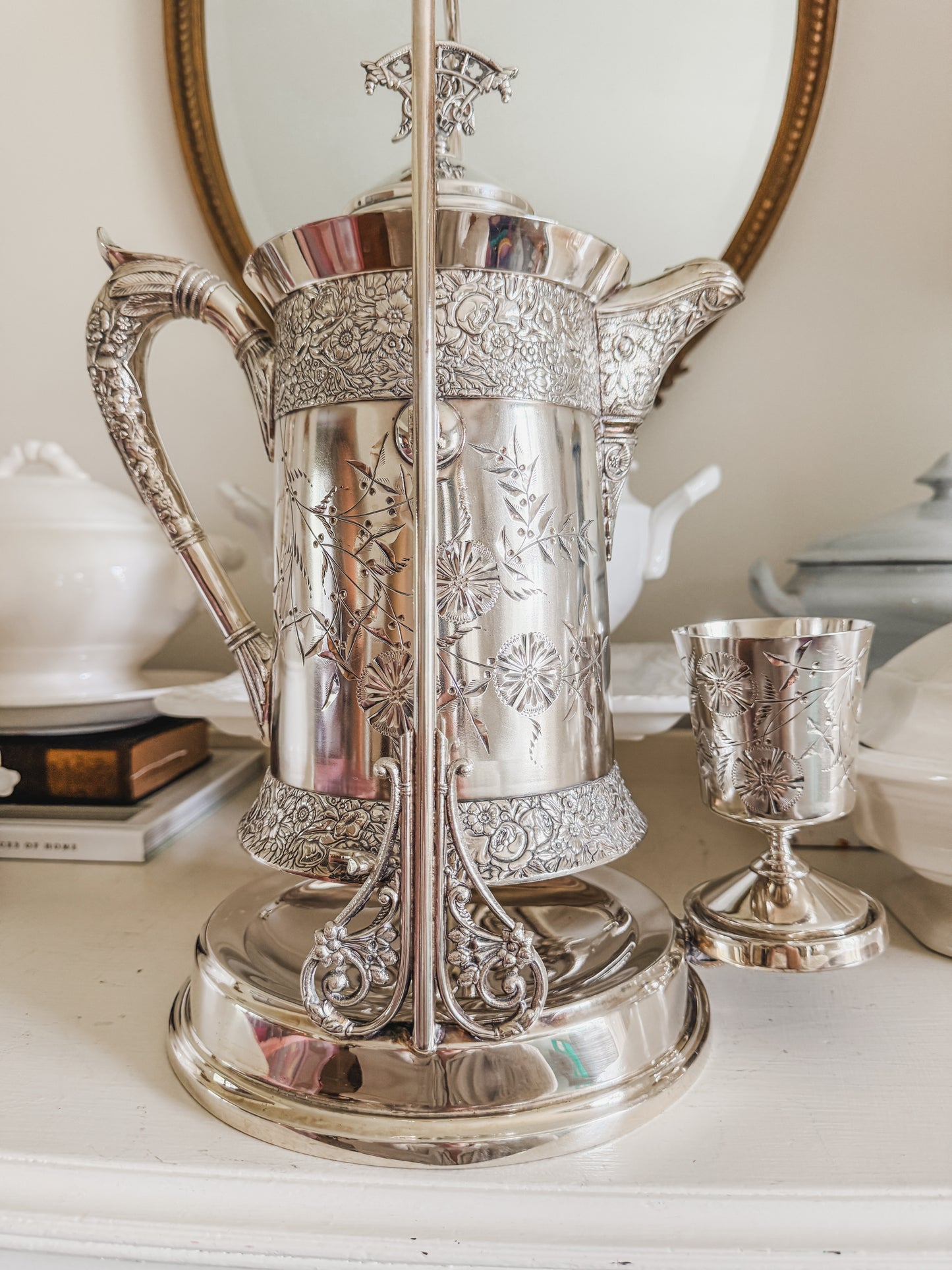 Rare Monumental Victorian C.B. Barker Quadruple Plate Water Set with Original Stand & Goblet
