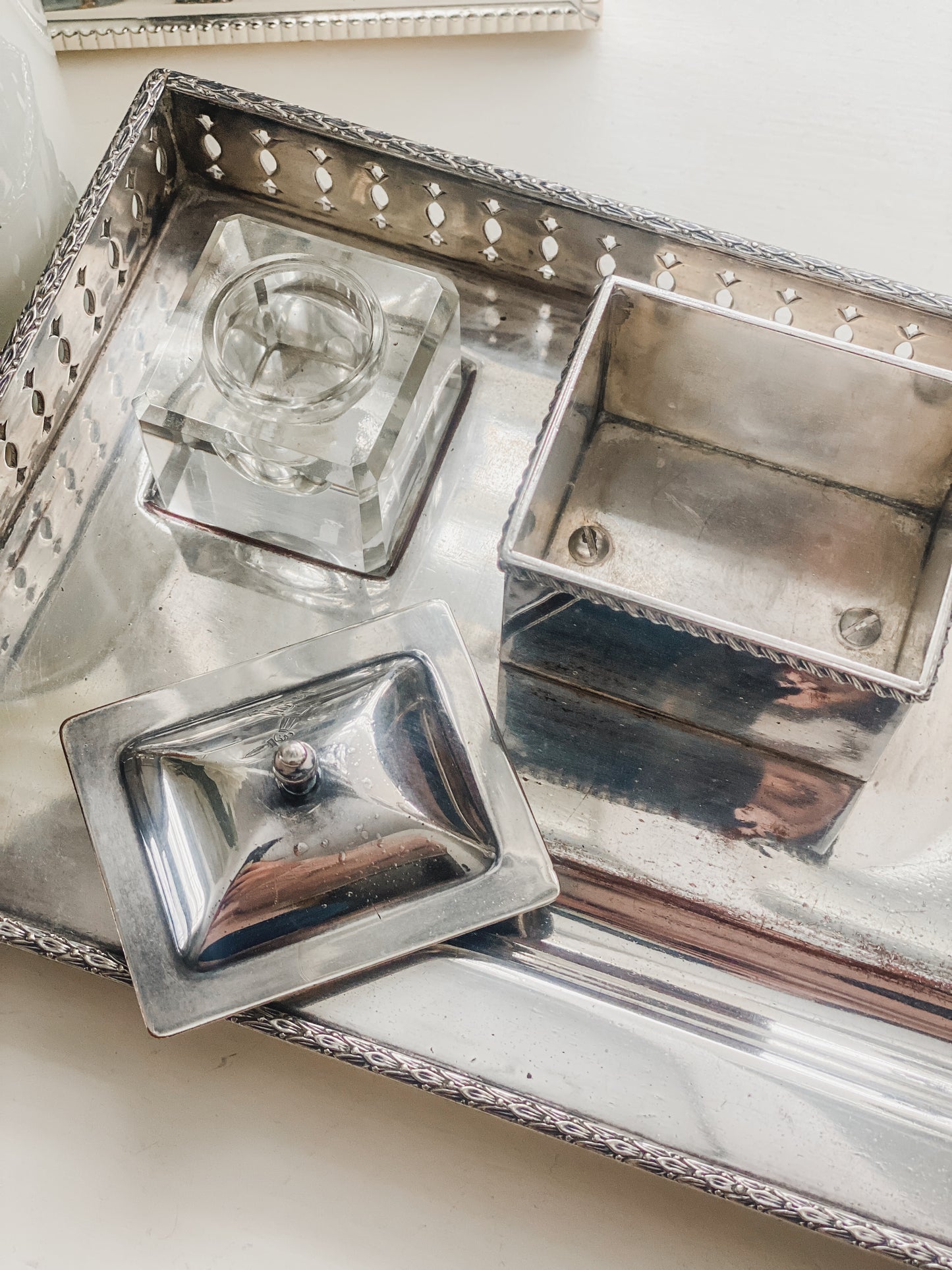 Antique Silver on Copper Desk Inkstand with Double Glass Inkwells & Paw Feet