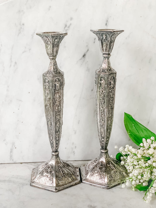 Pair of Antique Friedman Silver Co. Silverplate Candlesticks – Figural Classical Revival Design