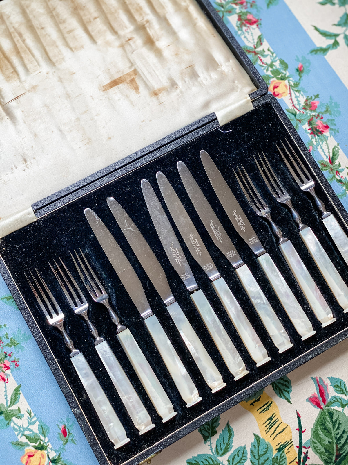 Vintage Thomas W. Cork & Son Sheffield Fruit Set in Case — Service for Six, Mother-of-Pearl Handles