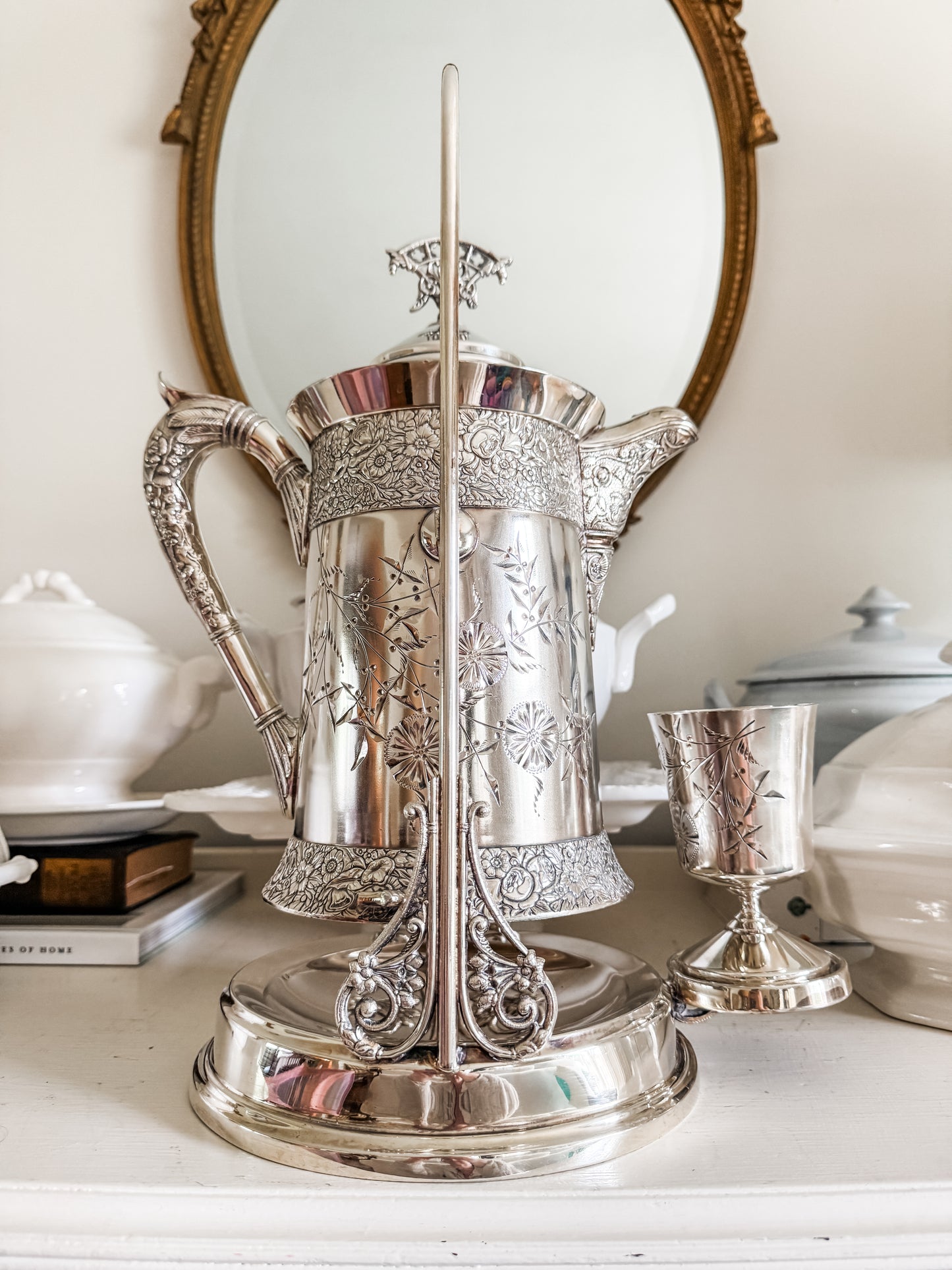 Rare Monumental Victorian C.B. Barker Quadruple Plate Water Set with Original Stand & Goblet