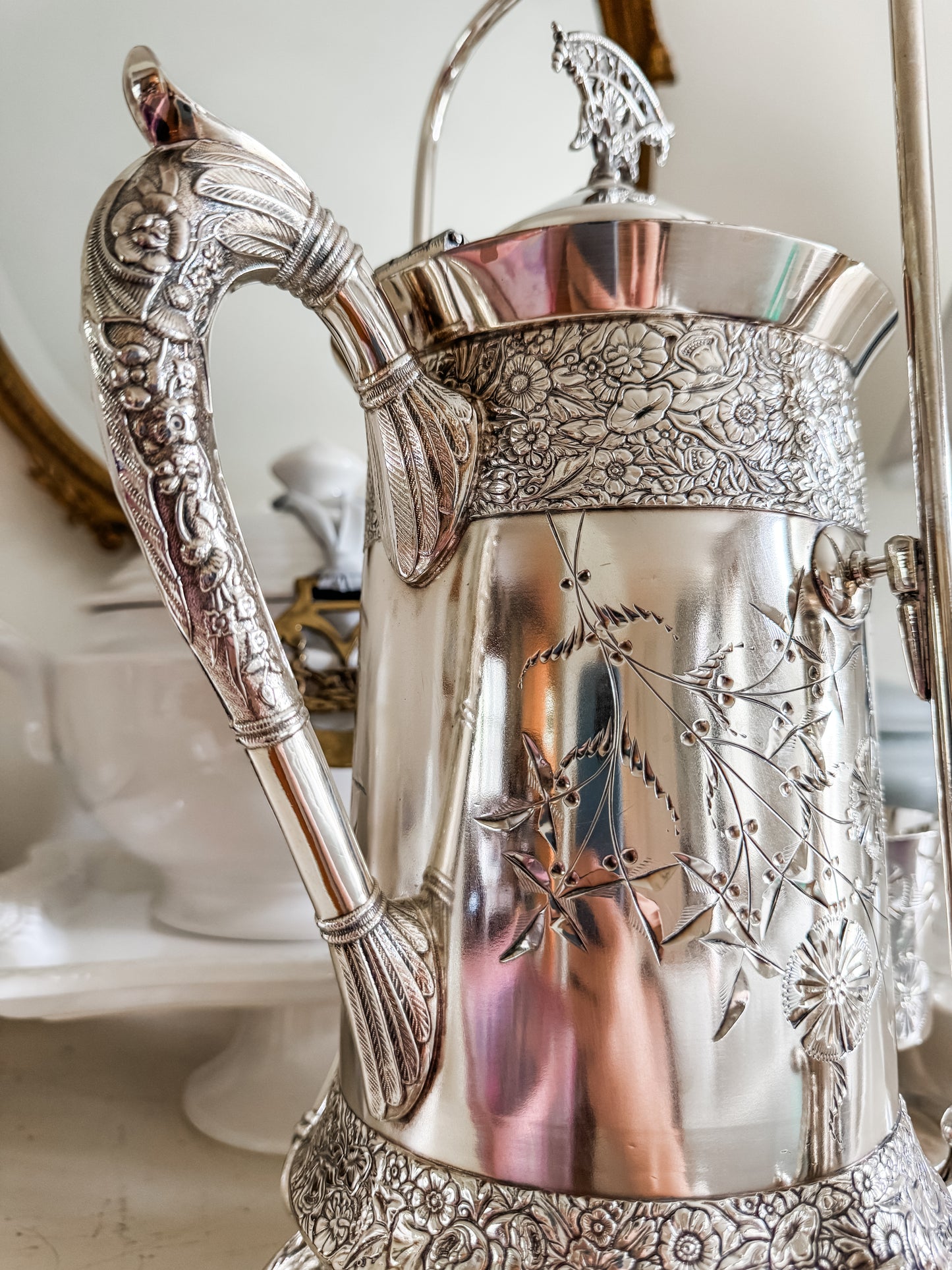Rare Monumental Victorian C.B. Barker Quadruple Plate Water Set with Original Stand & Goblet