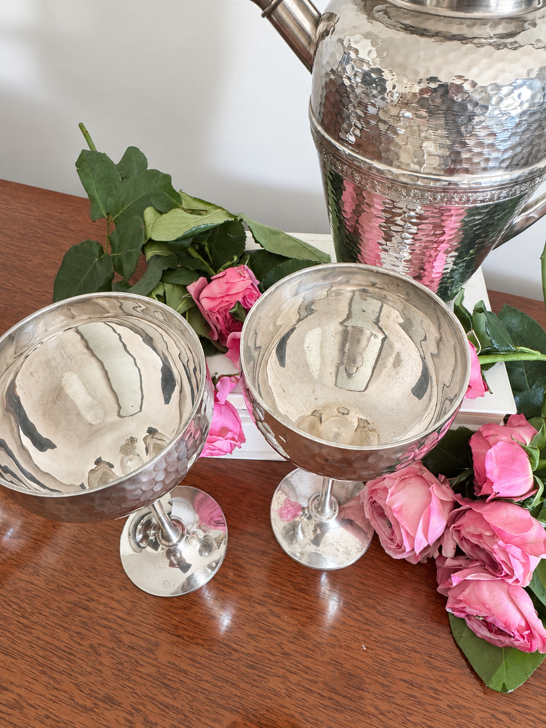 Large Hammered Cocktail Shaker & Two Goblets