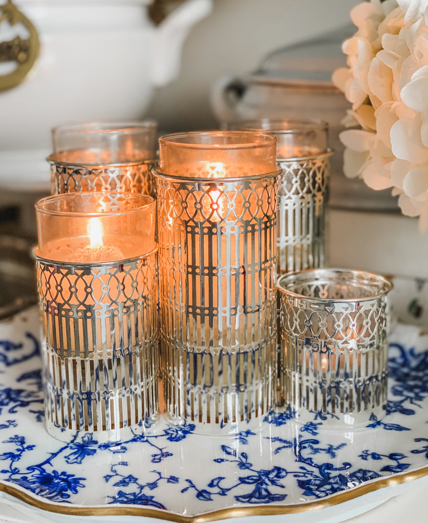 Set of 5 Vintage Reticulated Candleholders with Glass Inserts