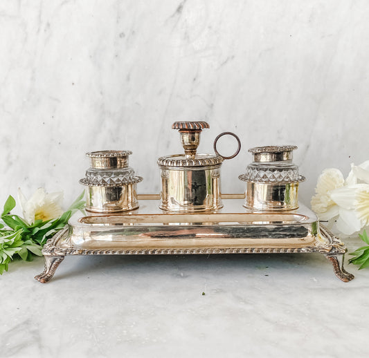 Early 1800s Old Sheffield Plate Inkwell Stand with Glass Inserts
