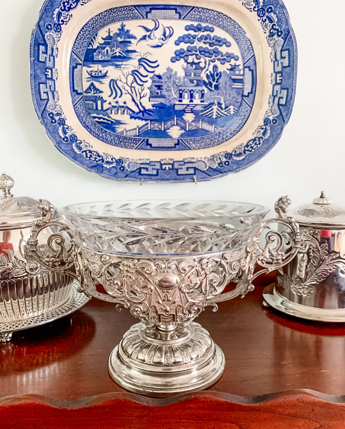 Antique WMF German Silverplate & Cut Crystal Centerpiece Bowl
