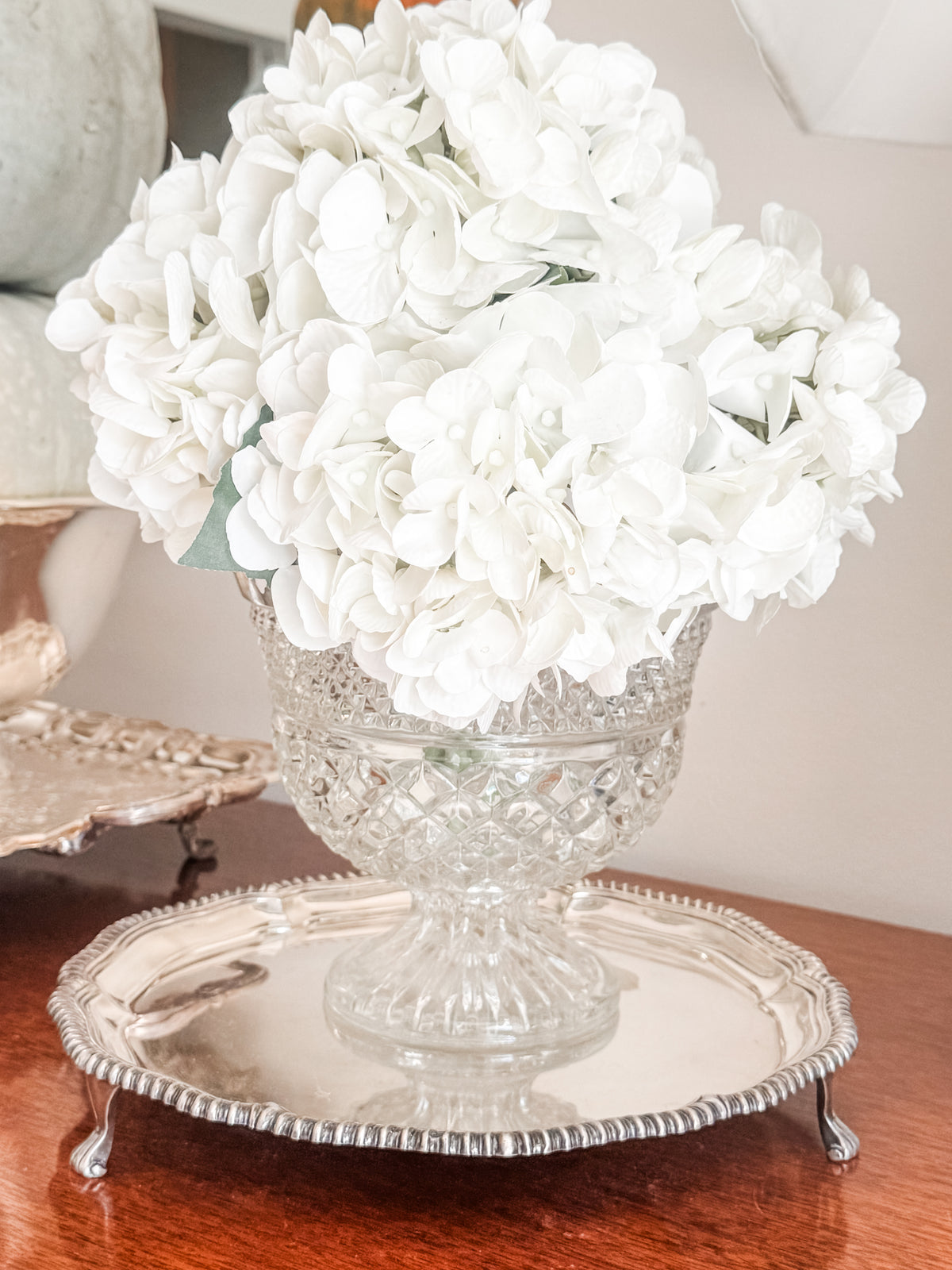 Cut Glass Pedestal Vase with Scalloped Silver Rim