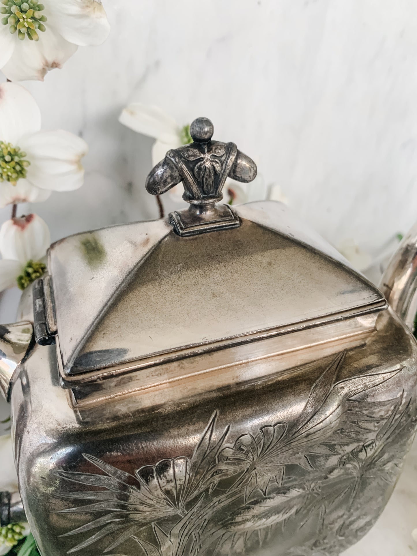 Antique Marigold Silver Quadruple Plate Teapot, Aesthetic Movement Design