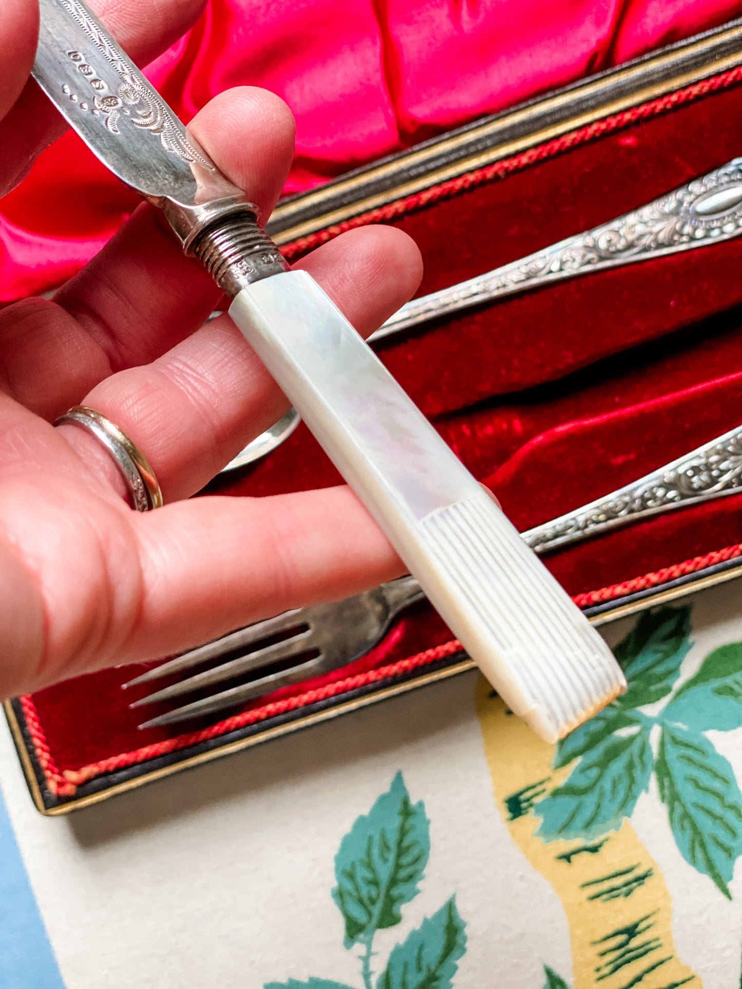 Antique Cooper Brothers Cased Travel Flatware Set — Mother of Pearl Knife w/ Sterling Ferrule