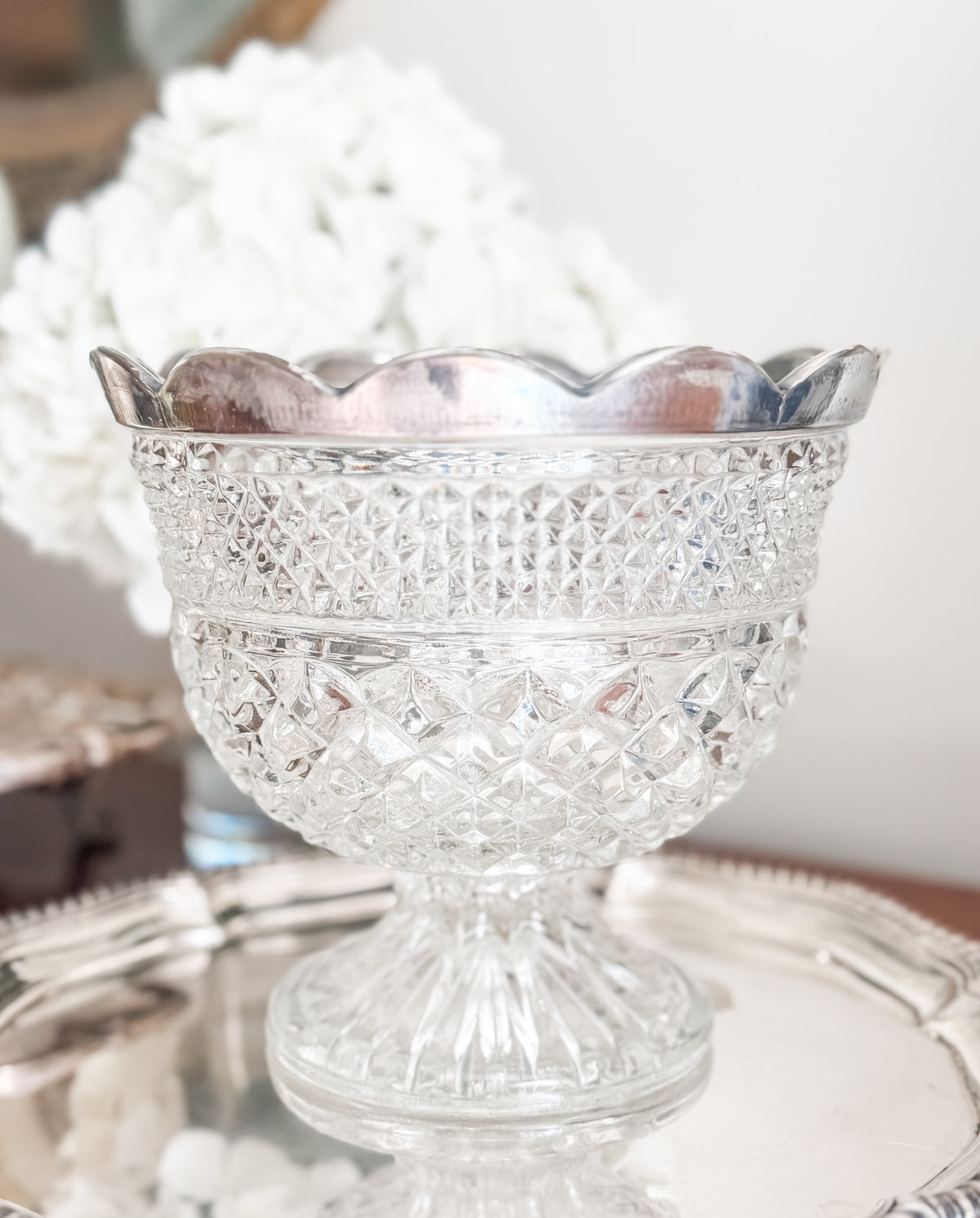 Cut Glass Pedestal Vase with Scalloped Silver Rim