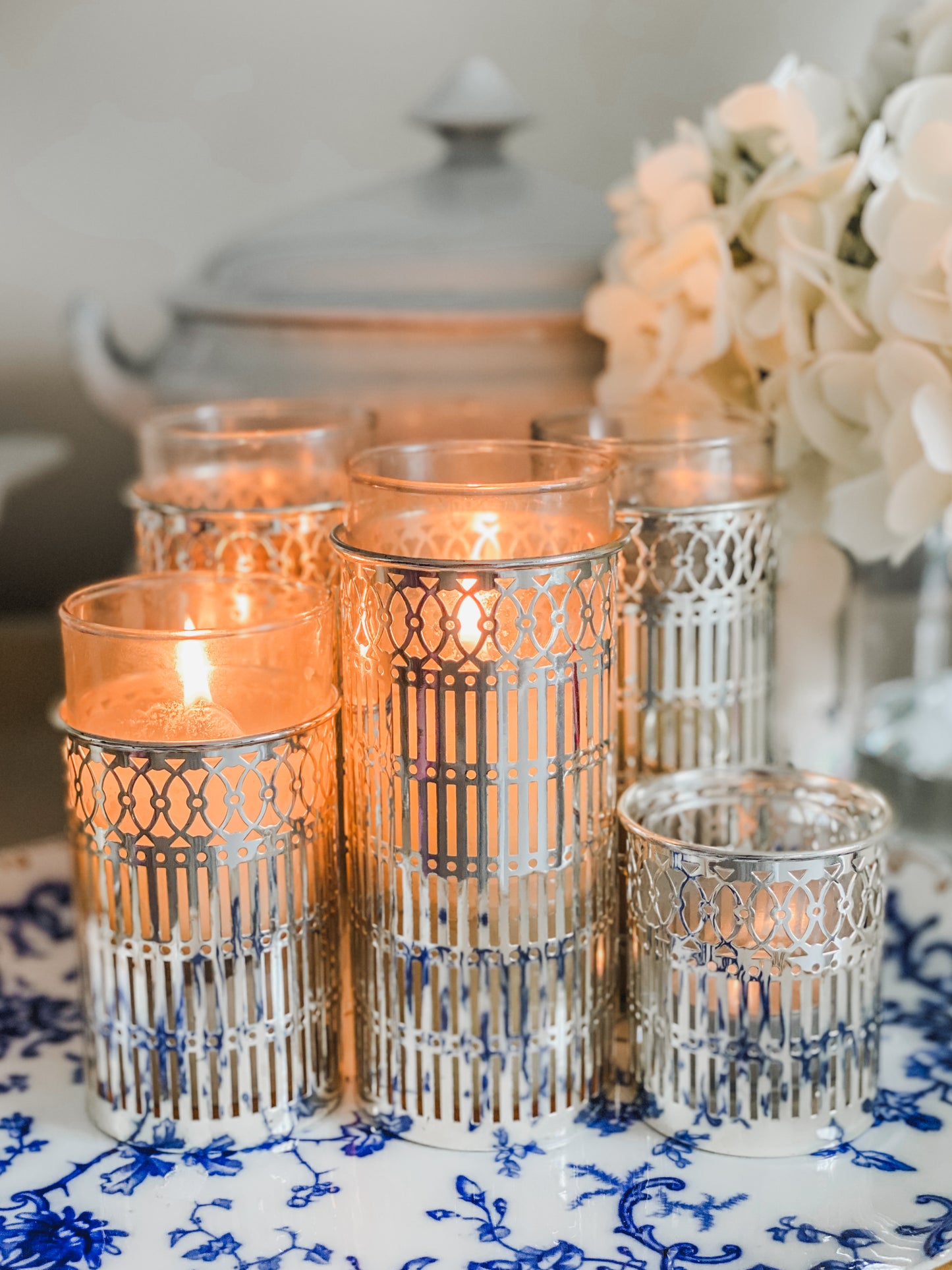 Set of 5 Vintage Reticulated Candleholders with Glass Inserts