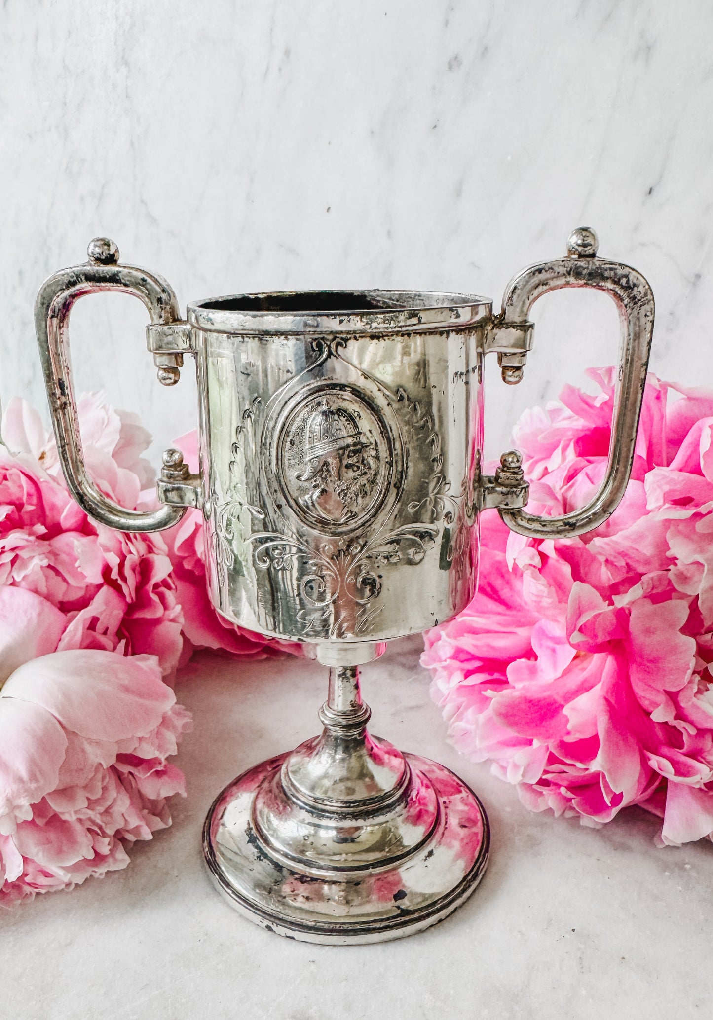 Antique Silverplate Loving Cup with Cameo Medallion