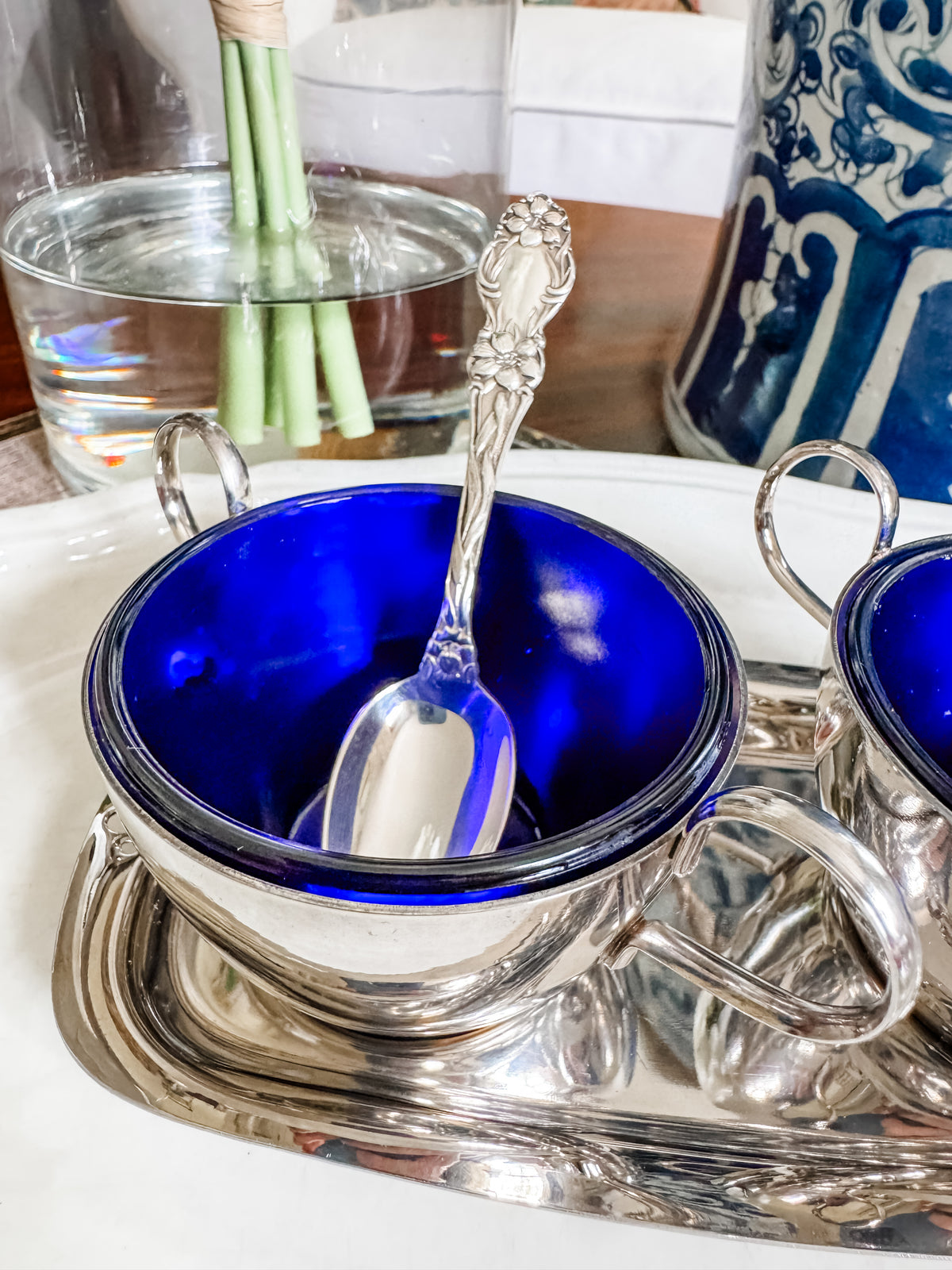 Charming Sugar and Creamer on Tray with Cobalt Liners