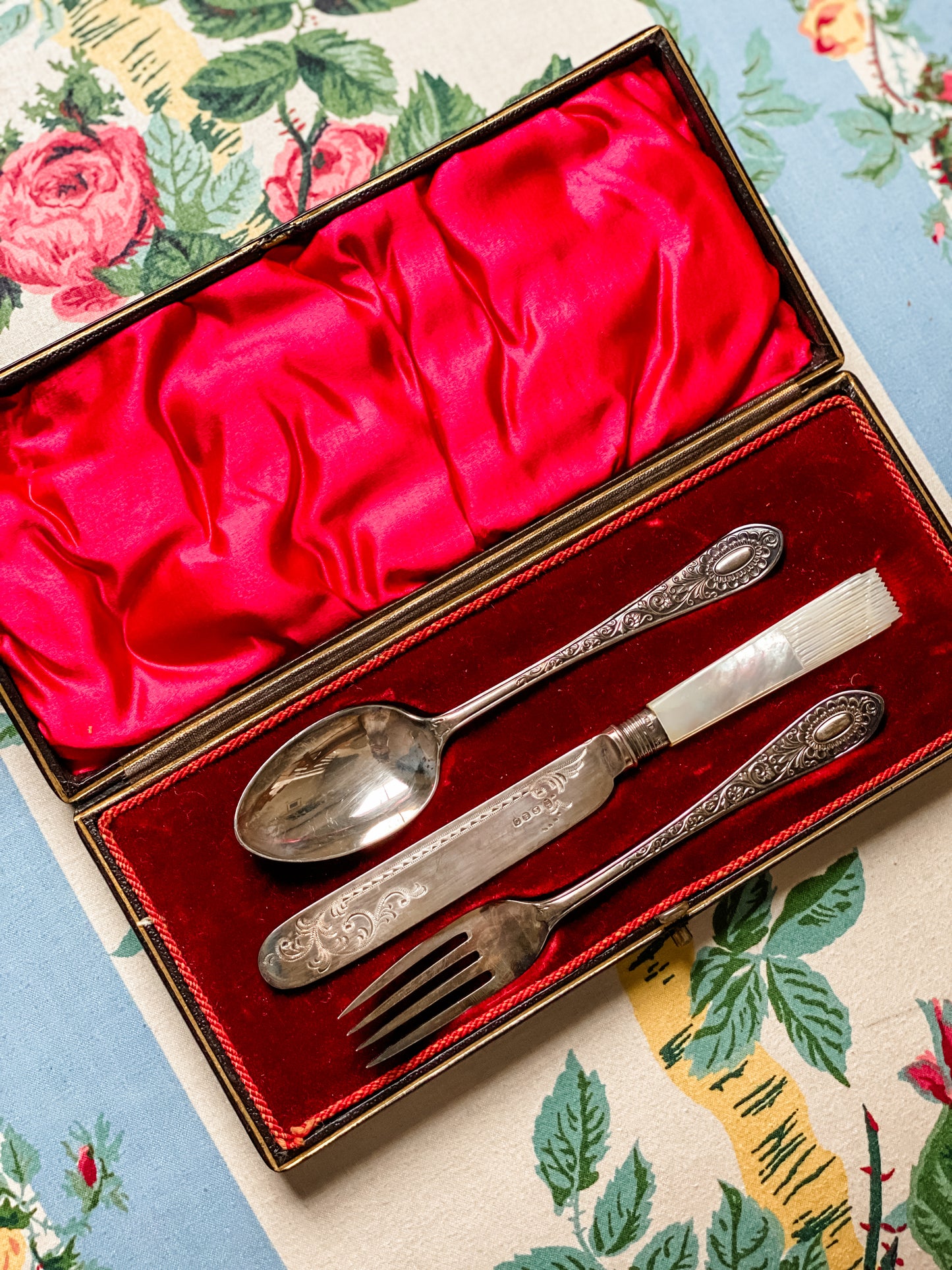 Antique Cooper Brothers Cased Travel Flatware Set — Mother of Pearl Knife w/ Sterling Ferrule