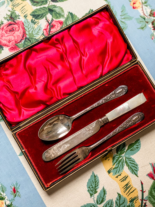 Antique Cooper Brothers Cased Travel Flatware Set — Mother of Pearl Knife w/ Sterling Ferrule