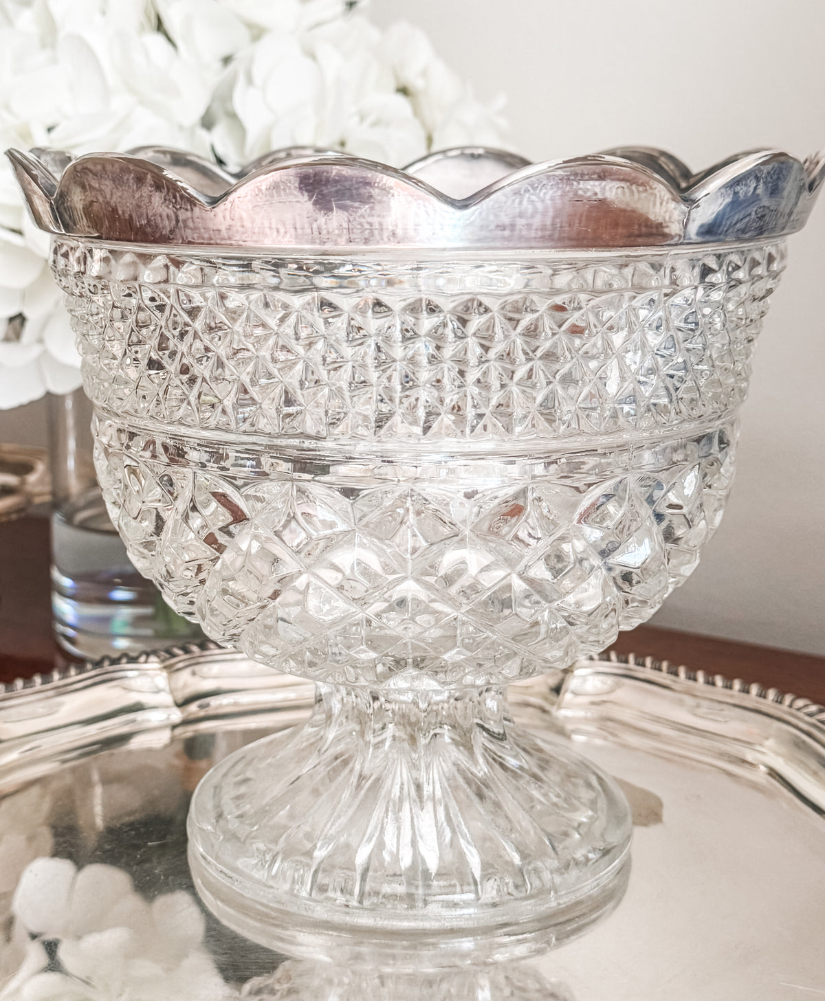 Cut Glass Pedestal Vase with Scalloped Silver Rim