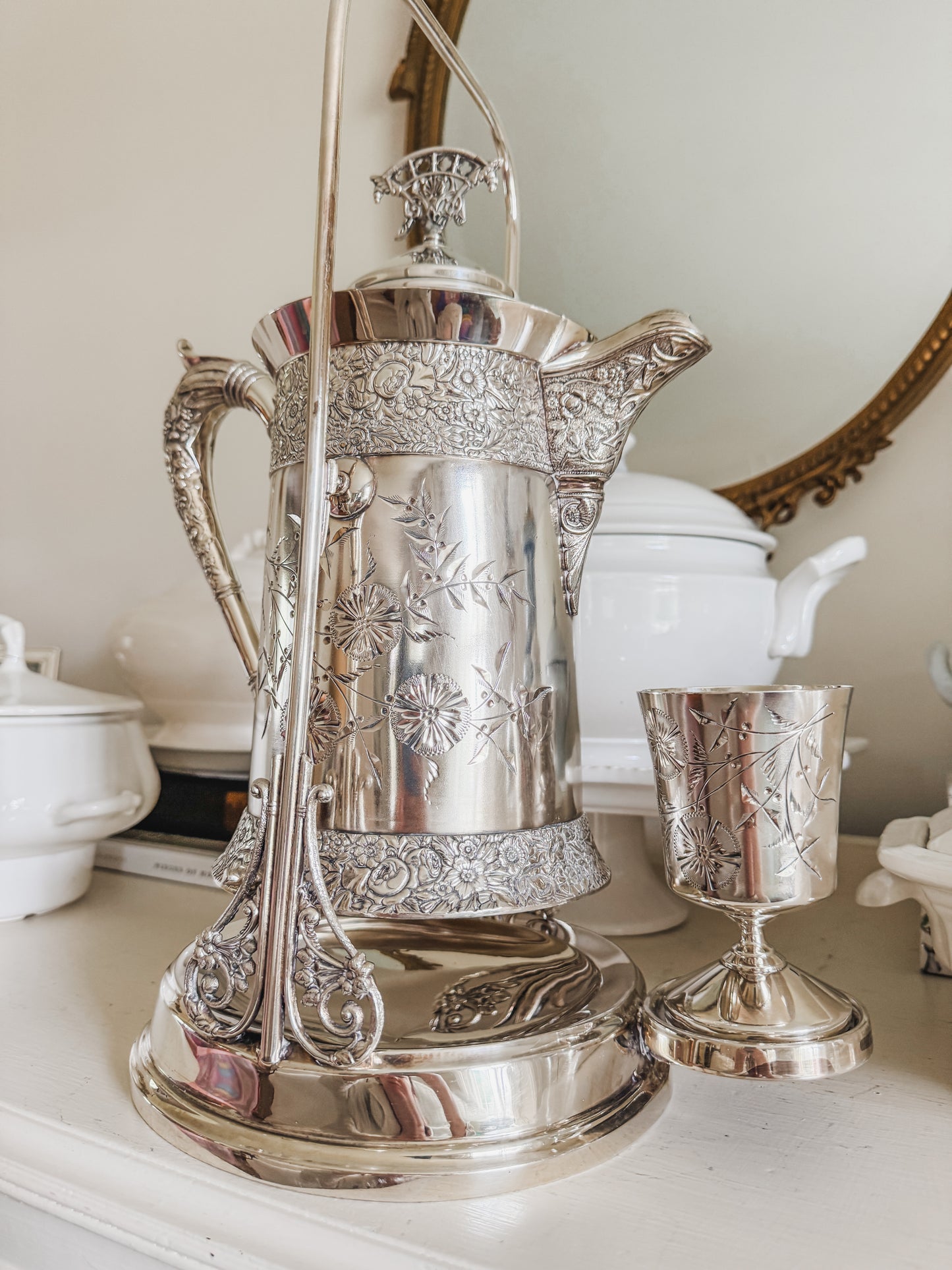 Rare Monumental Victorian C.B. Barker Quadruple Plate Water Set with Original Stand & Goblet