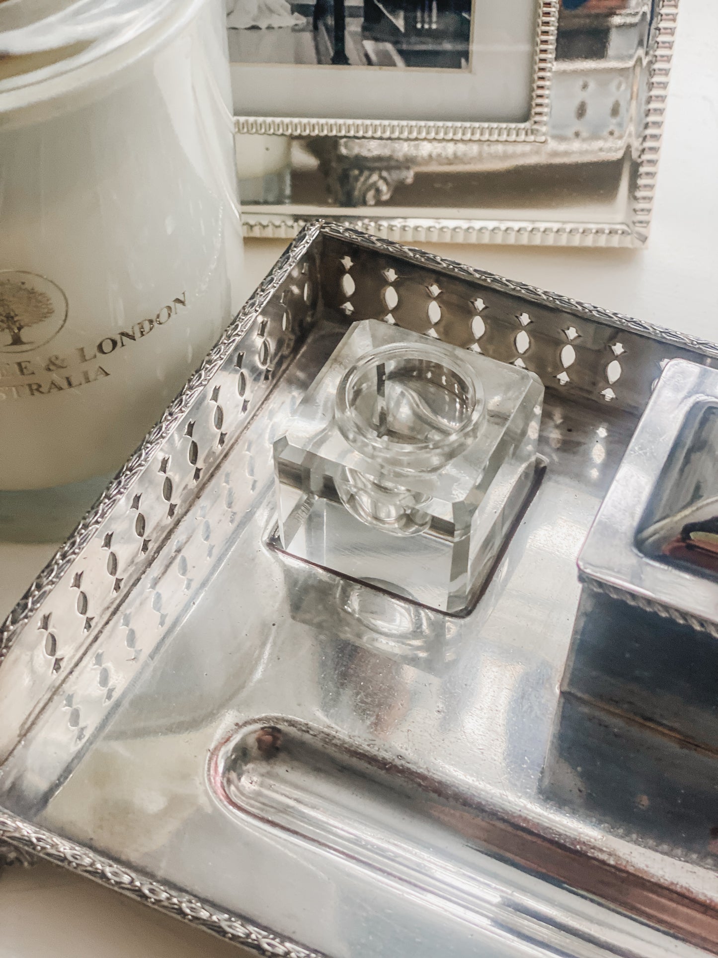 Antique Silver on Copper Desk Inkstand with Double Glass Inkwells & Paw Feet