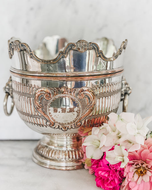 Antique Silver on Copper Pot | Early 1800s | Lion Head Handles + Cherub Detail