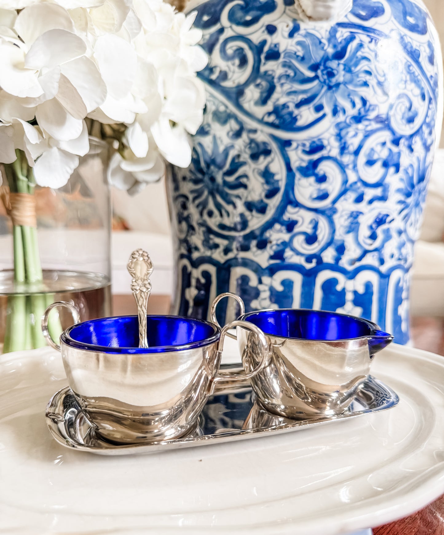 Charming Sugar and Creamer on Tray with Cobalt Liners