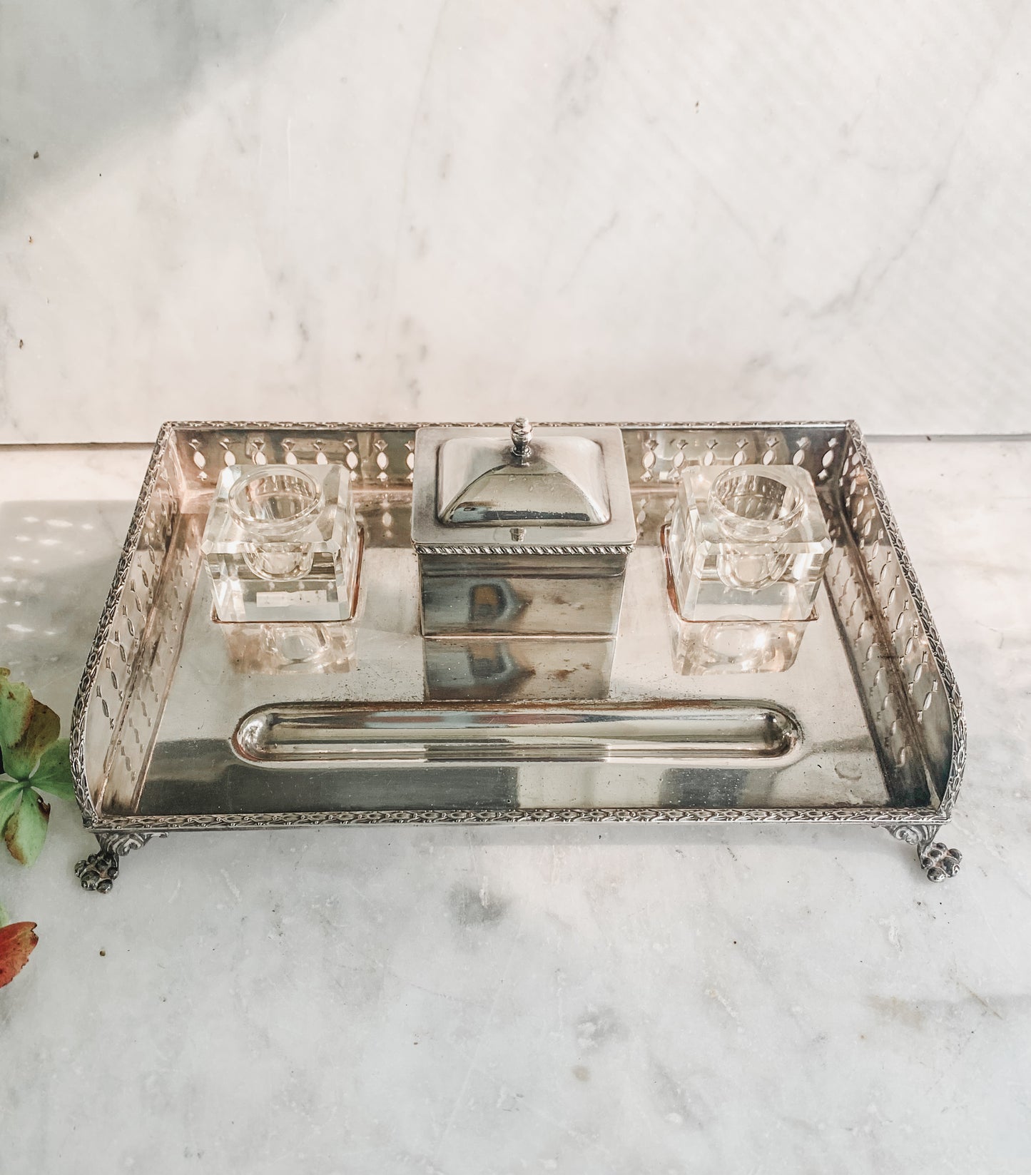 Antique Silver on Copper Desk Inkstand with Double Glass Inkwells & Paw Feet
