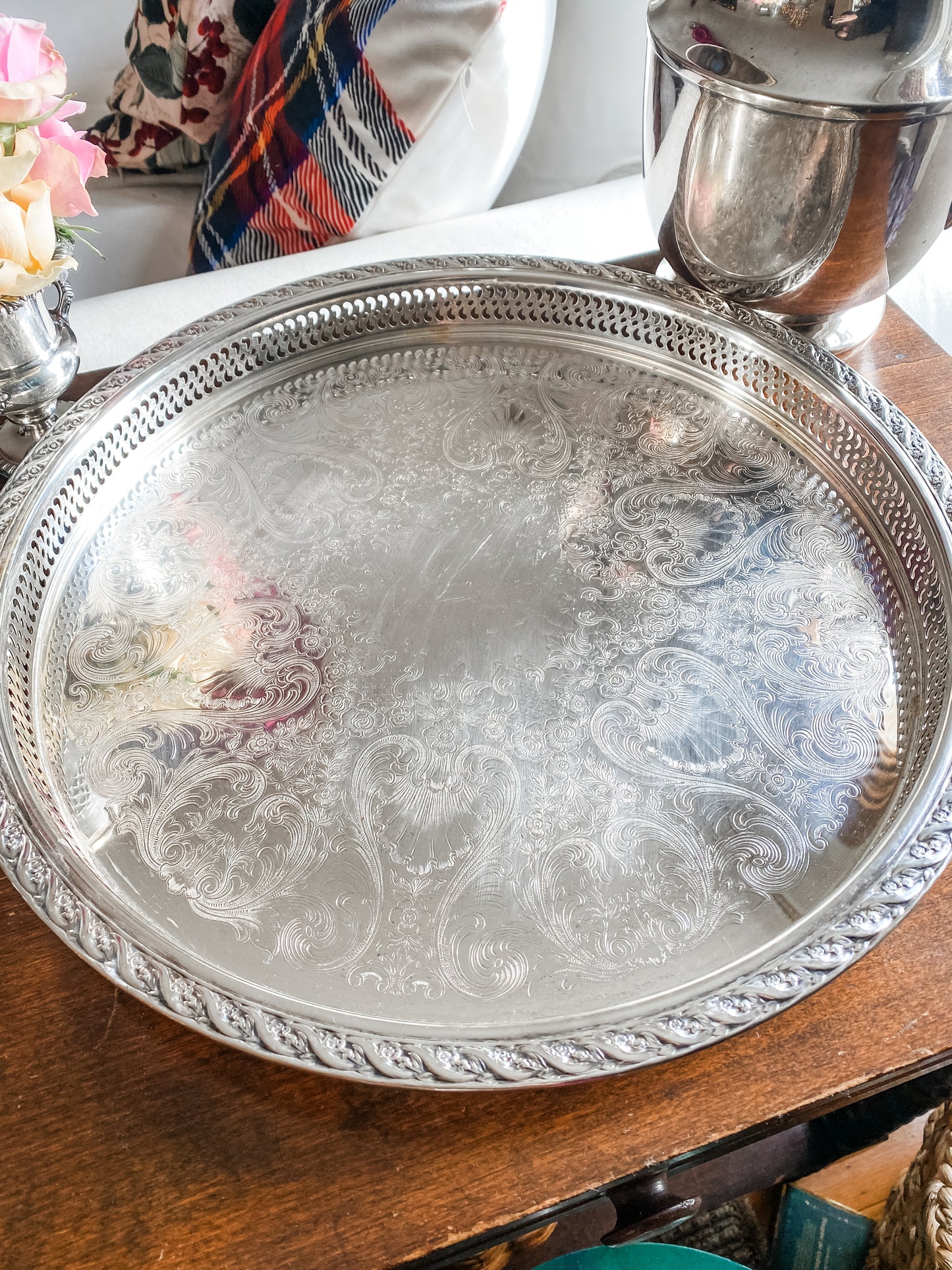 Vintage Round Silverplate Gallery Tray