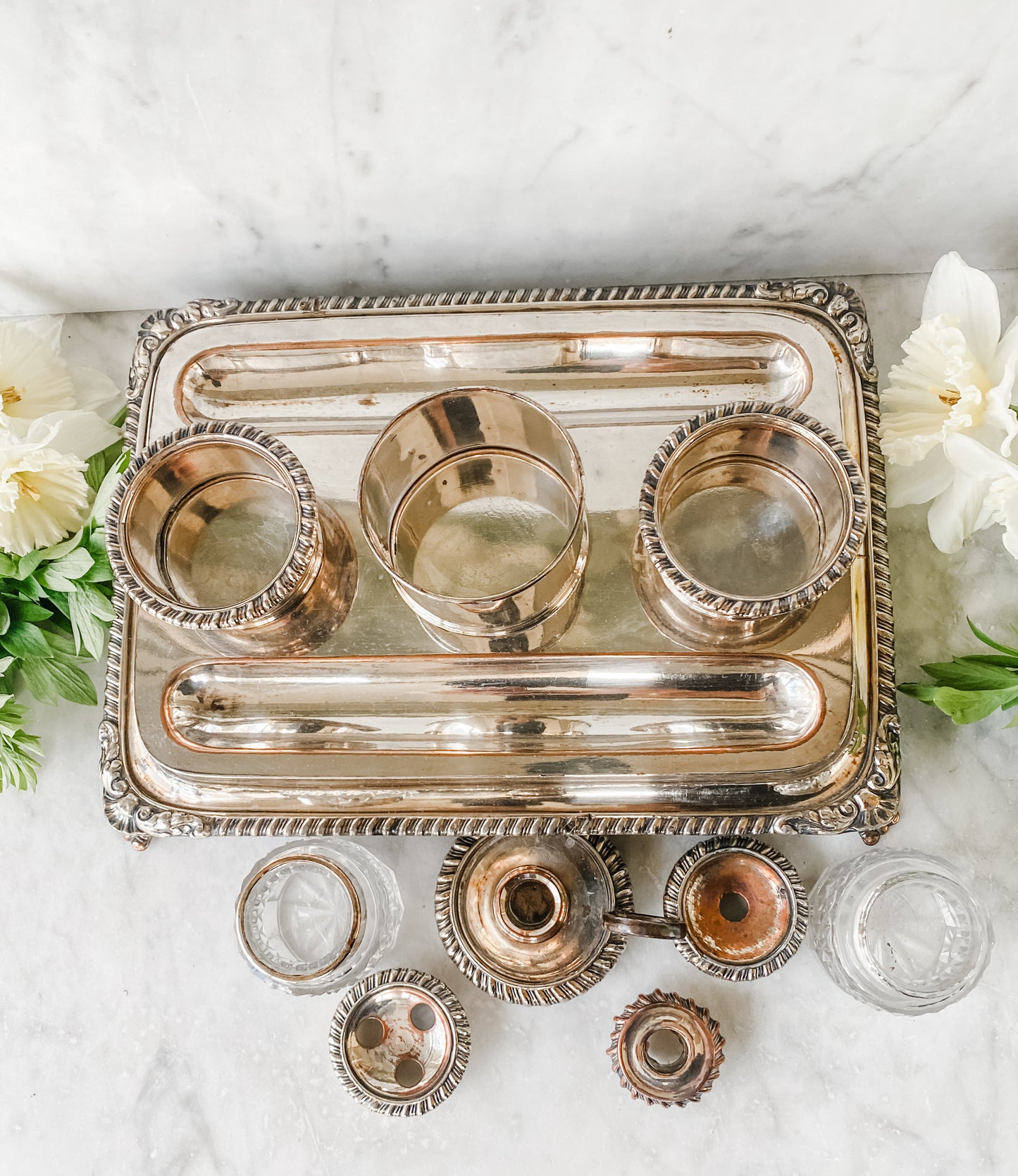 Early 1800s Old Sheffield Plate Inkwell Stand with Glass Inserts