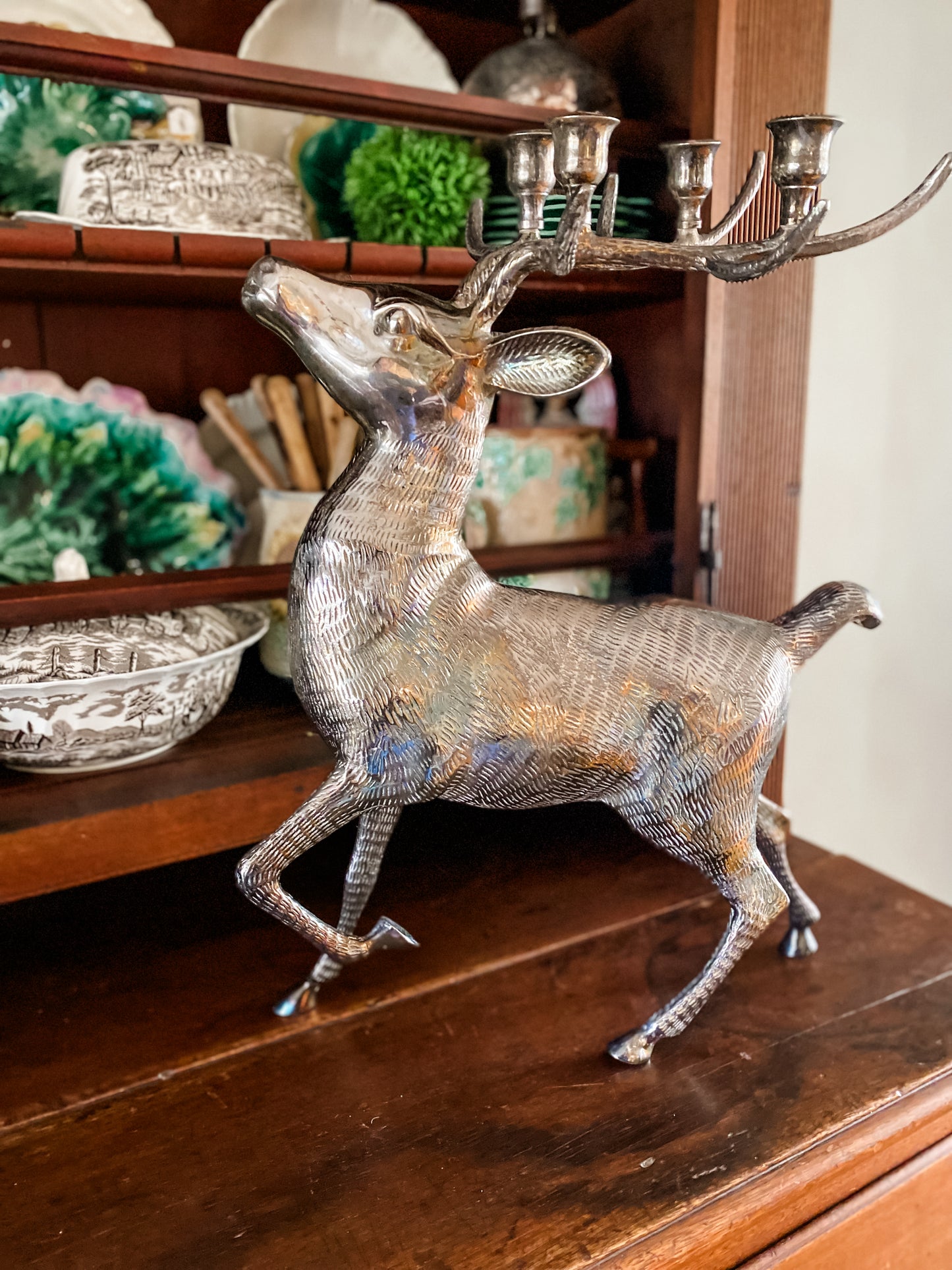 Pair of Very Large Silverplated Brass Vintage Cast Reindeer