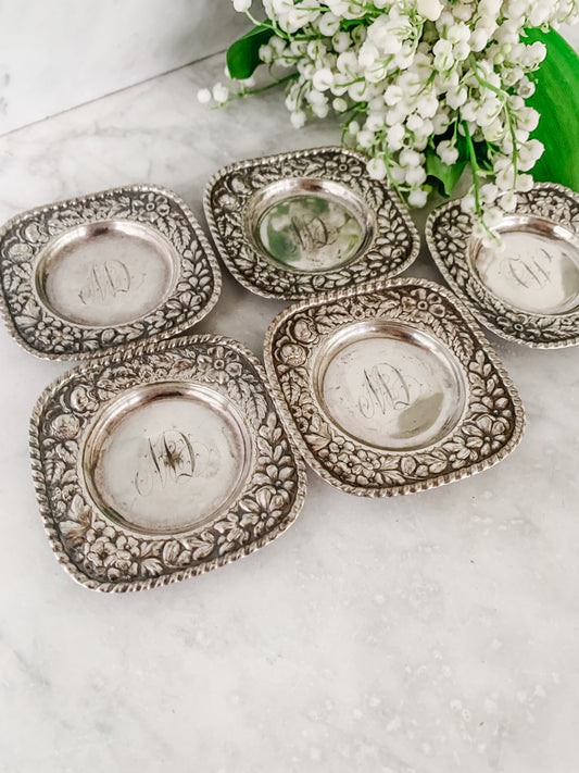 Antique Individual Butter Dishes with Floral Repoussé Border – Set of 5 (c. 1890–1915)