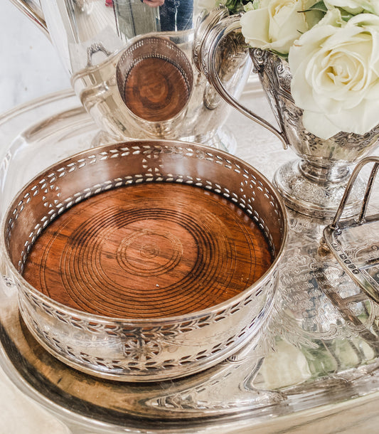 Kirk-Stieff Silverplate Bottle Coaster with Punched Rim and Wooden Insert