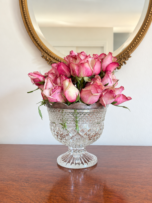 Cut Glass Pedestal Vase with Scalloped Silver Rim