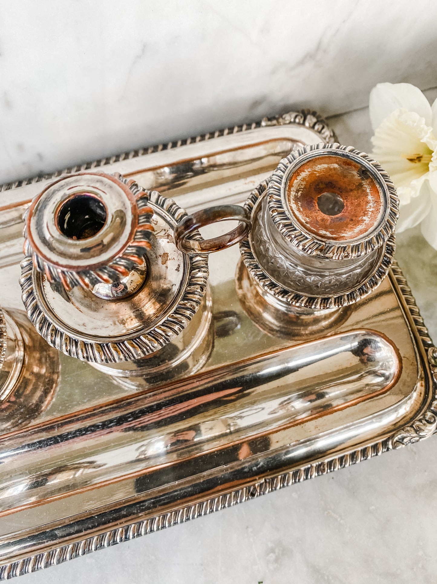Early 1800s Old Sheffield Plate Inkwell Stand with Glass Inserts