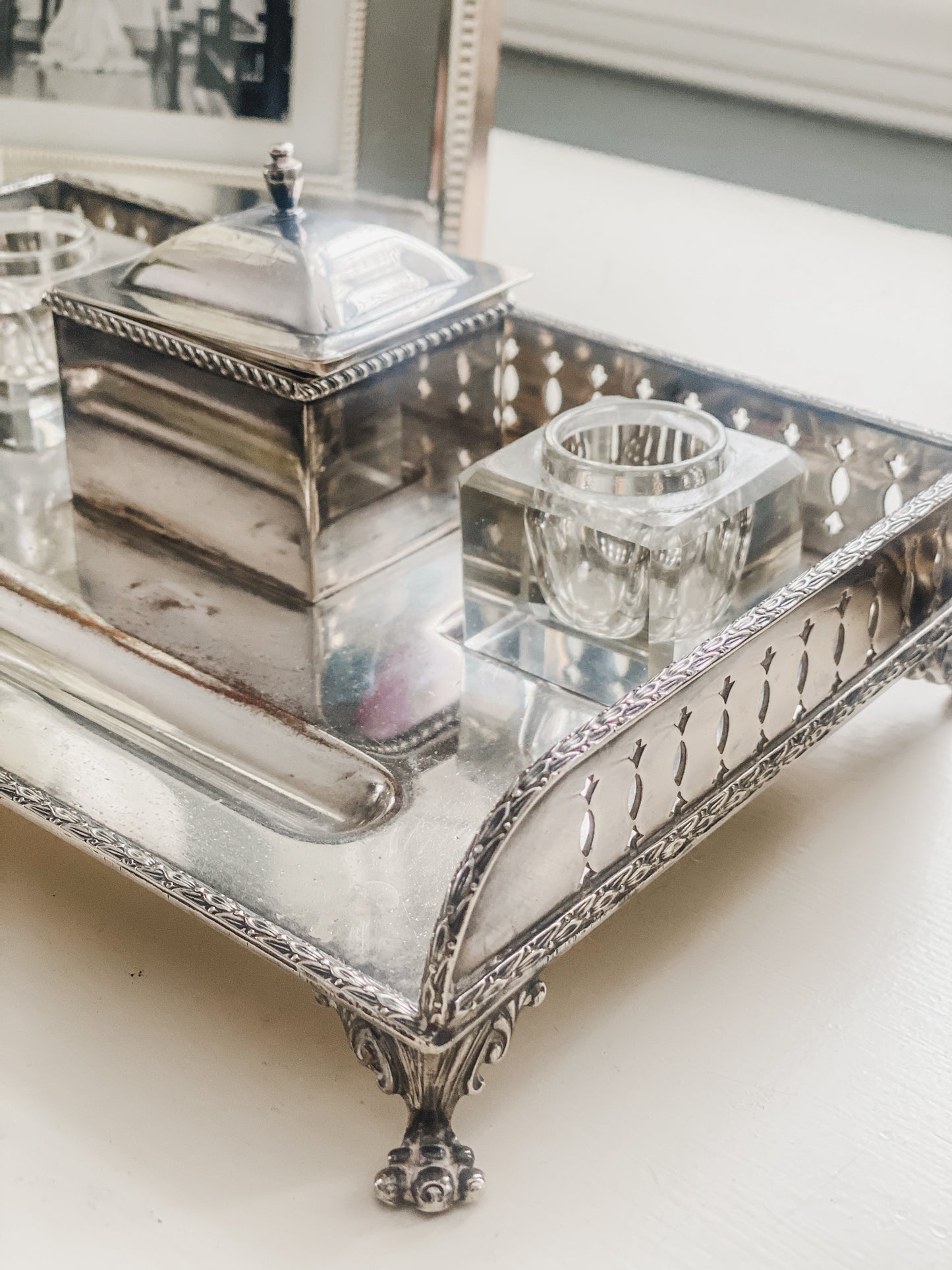 Antique Silver on Copper Desk Inkstand with Double Glass Inkwells & Paw Feet
