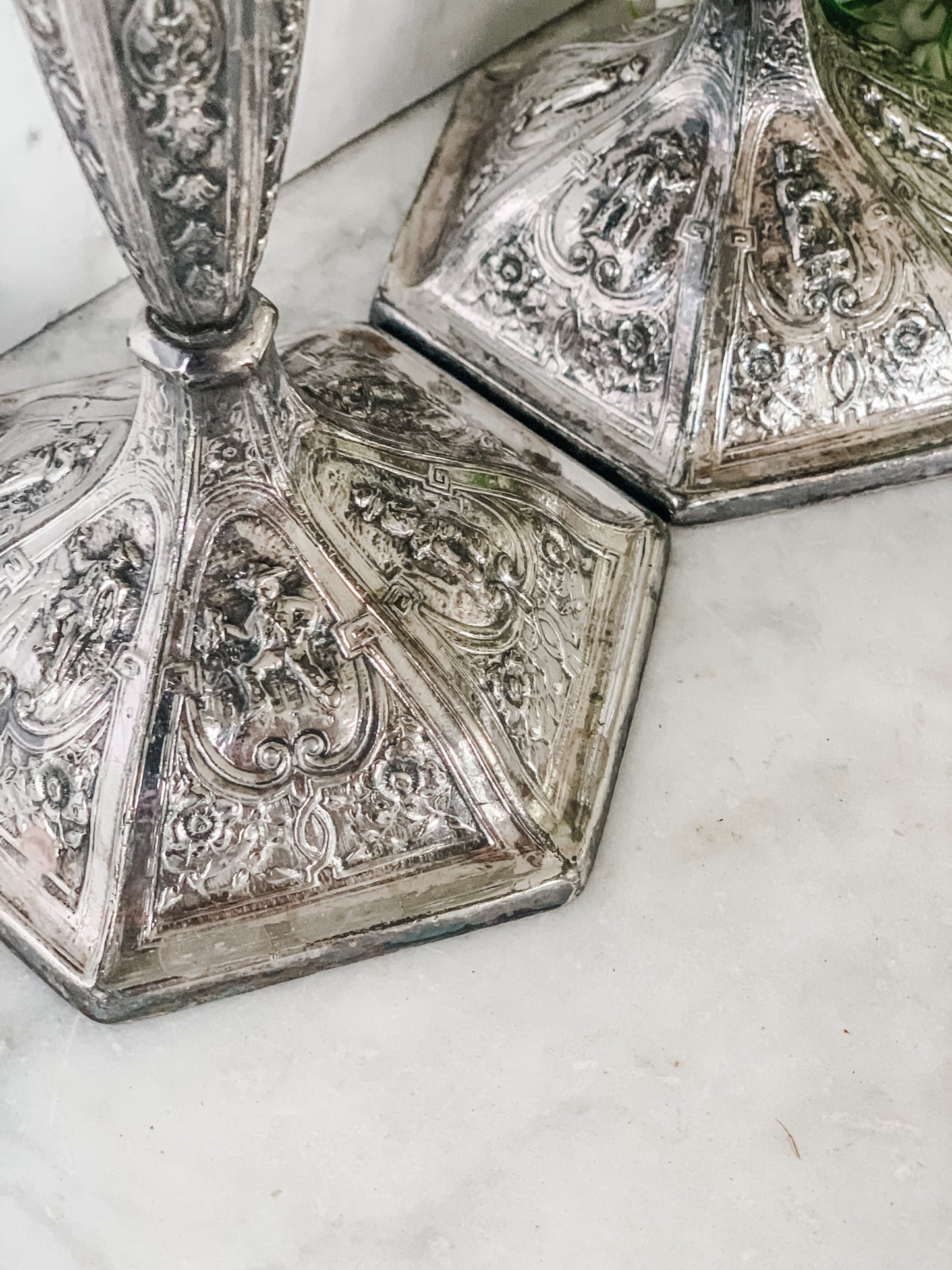 Pair of Antique Friedman Silver Co. Silverplate Candlesticks – Figural Classical Revival Design