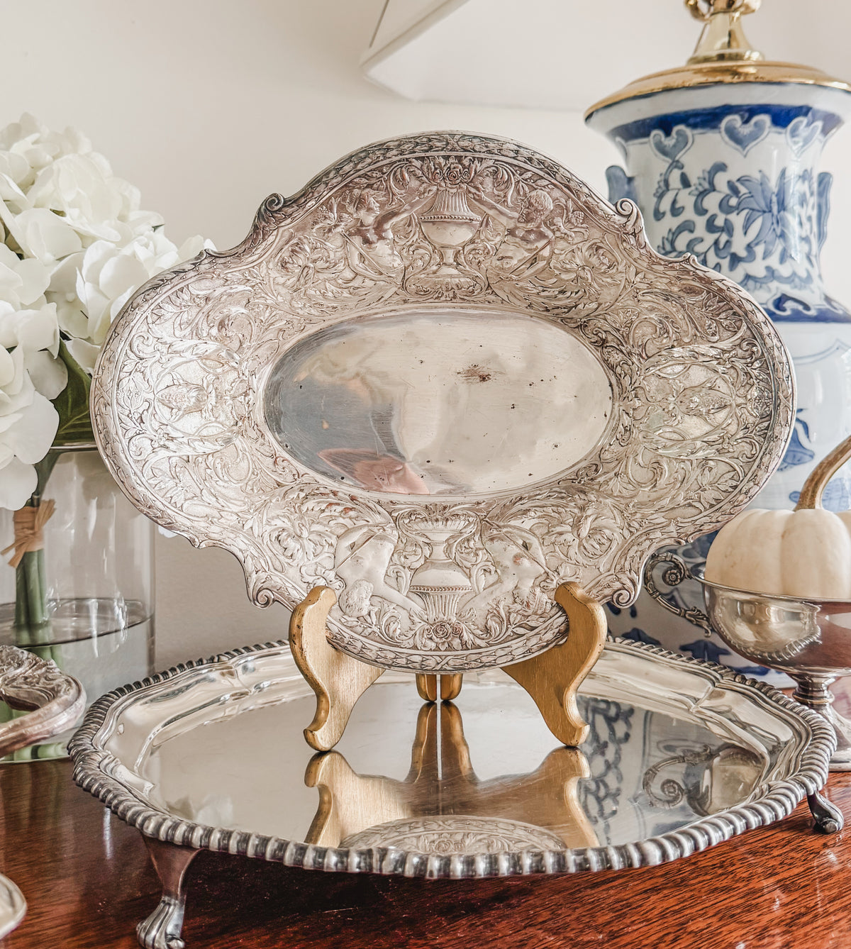 Antique Victorian  Repoussé Mermaid Bread Basket