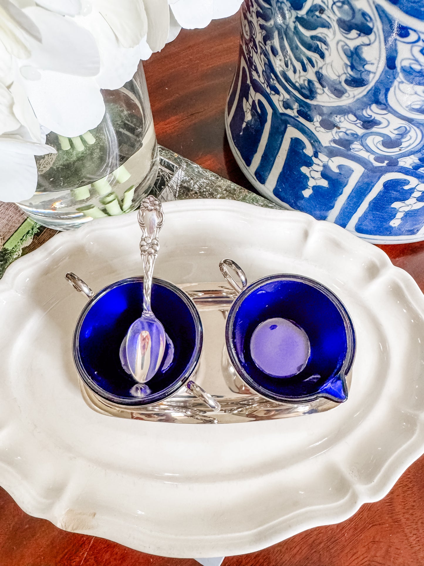 Charming Sugar and Creamer on Tray with Cobalt Liners