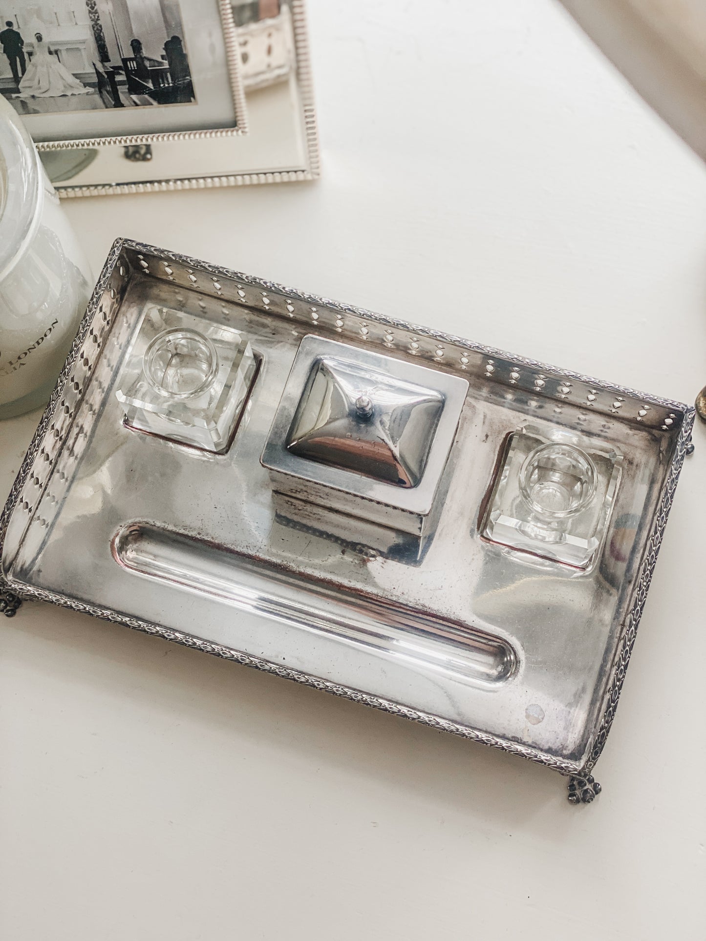 Antique Silver on Copper Desk Inkstand with Double Glass Inkwells & Paw Feet