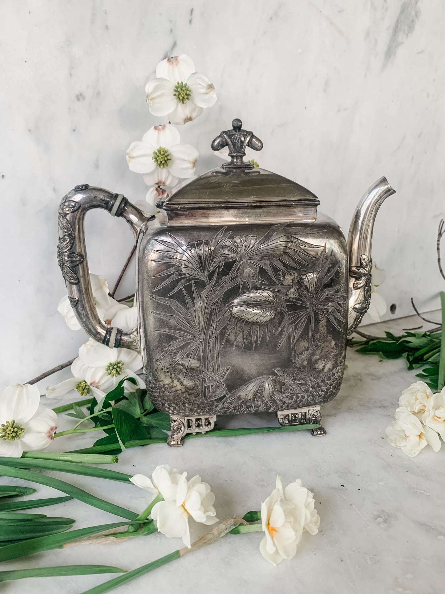 Antique Marigold Silver Quadruple Plate Teapot, Aesthetic Movement Design