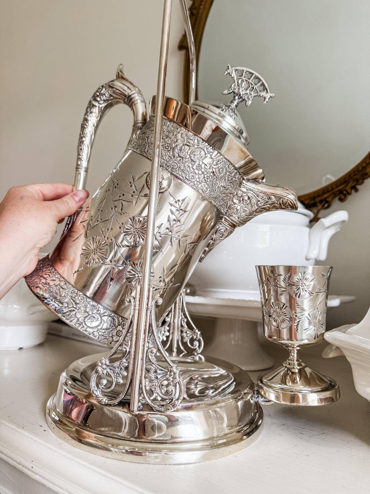 Rare Monumental Victorian C.B. Barker Quadruple Plate Water Set with Original Stand & Goblet