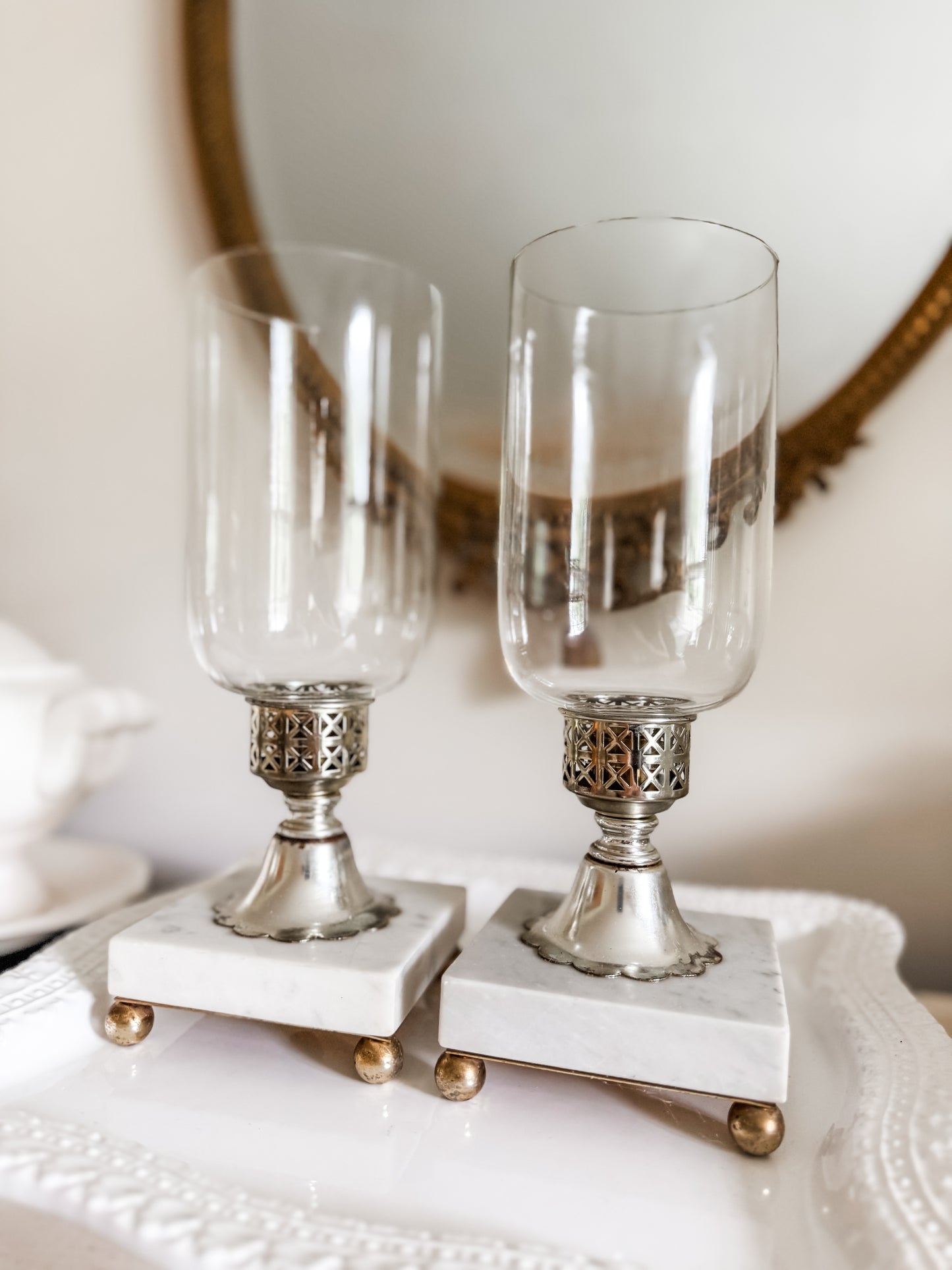 Pair of Marble Hurricane Candle Holders with Glass Shades