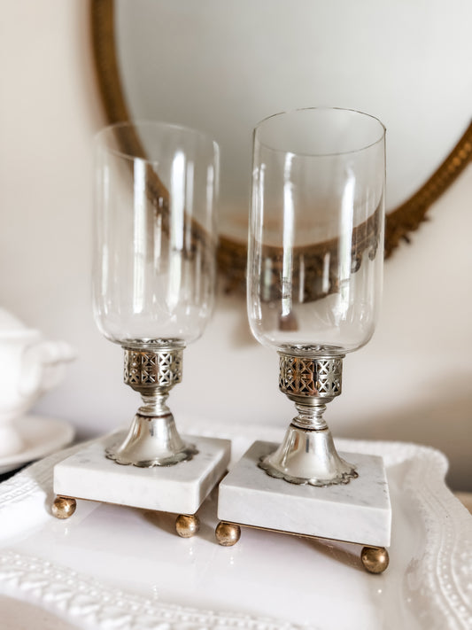 Pair of Marble Hurricane Candle Holders with Glass Shades