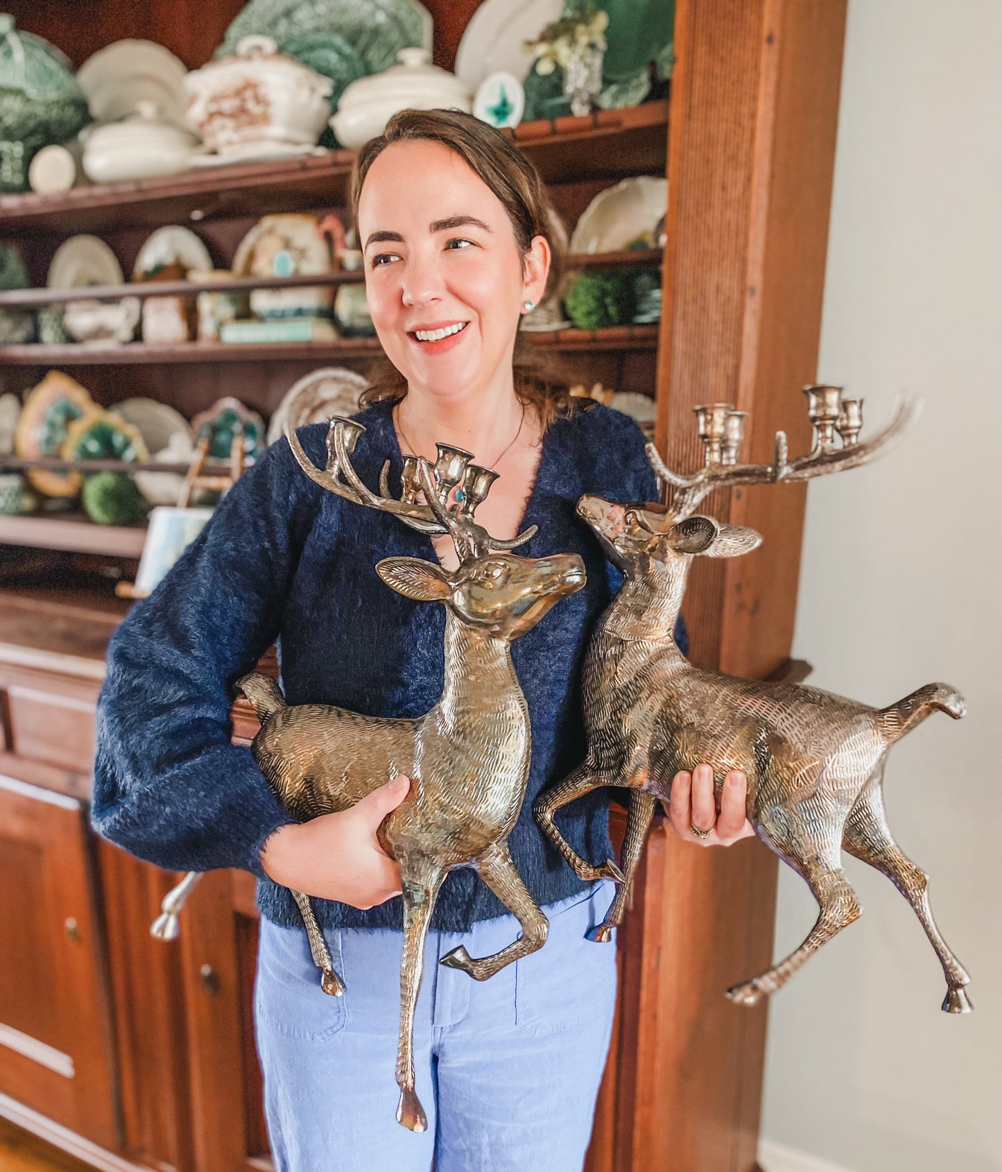 Pair of Very Large Silverplated Brass Vintage Cast Reindeer