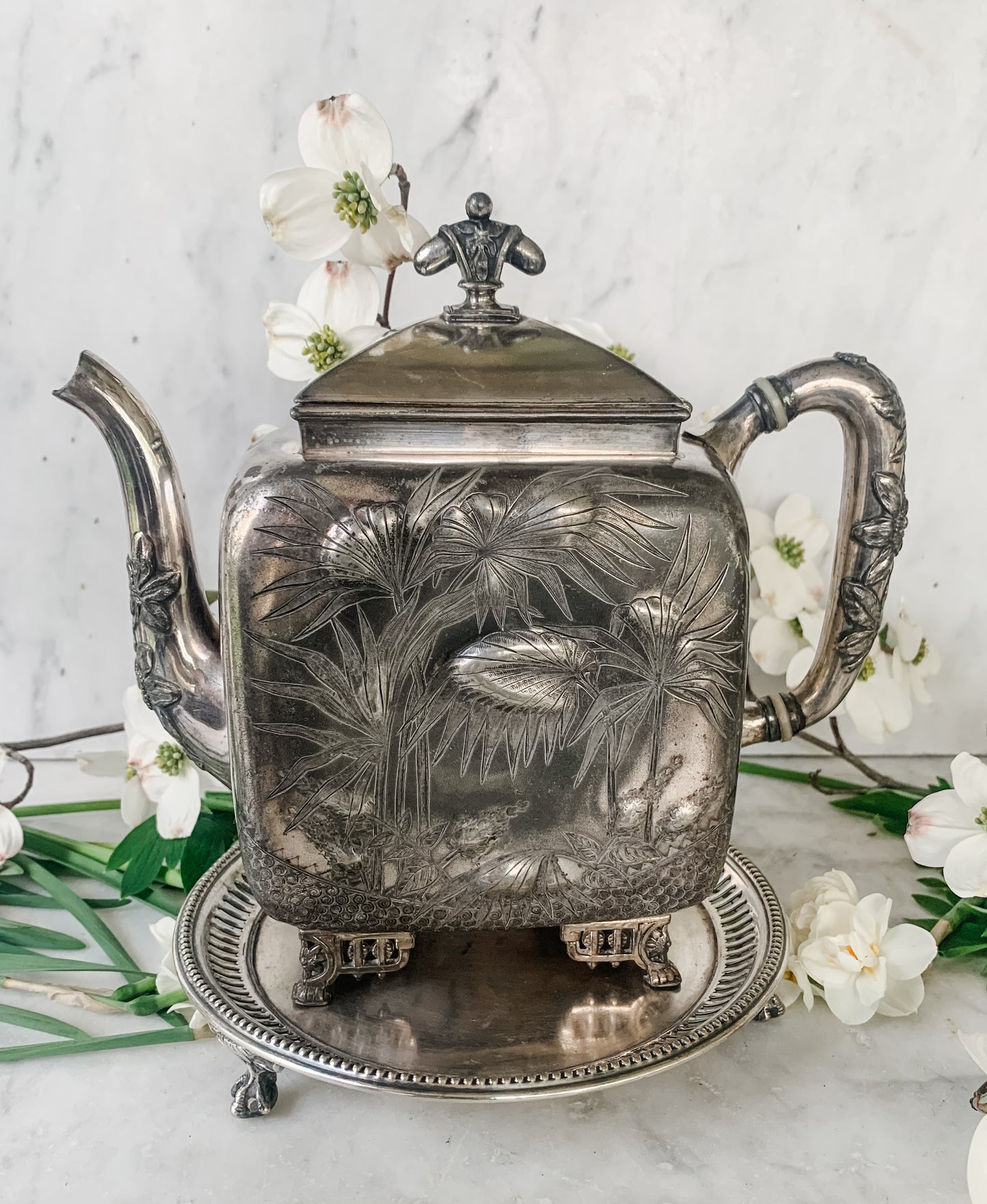 Antique Marigold Silver Quadruple Plate Teapot, Aesthetic Movement Design