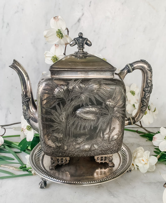 Antique Marigold Silver Quadruple Plate Teapot, Aesthetic Movement Design