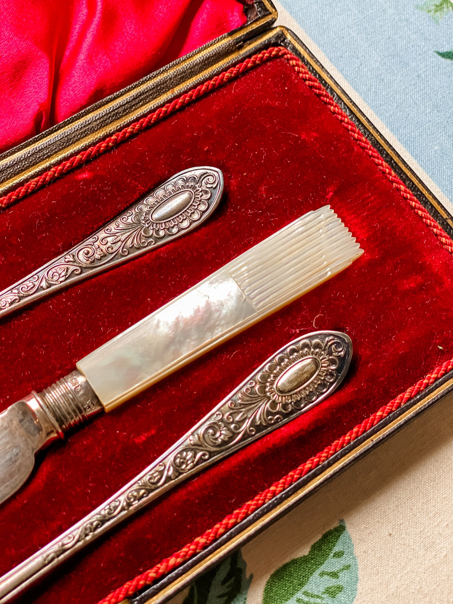 Antique Cooper Brothers Cased Travel Flatware Set — Mother of Pearl Knife w/ Sterling Ferrule