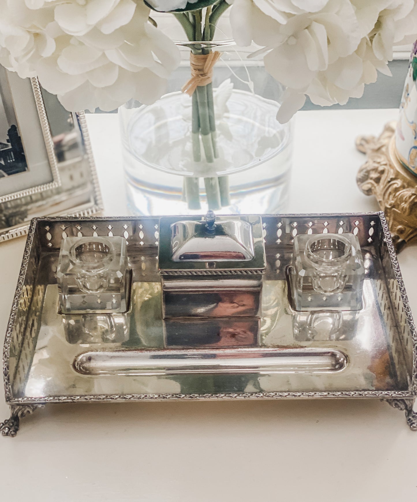 Antique Silver on Copper Desk Inkstand with Double Glass Inkwells & Paw Feet