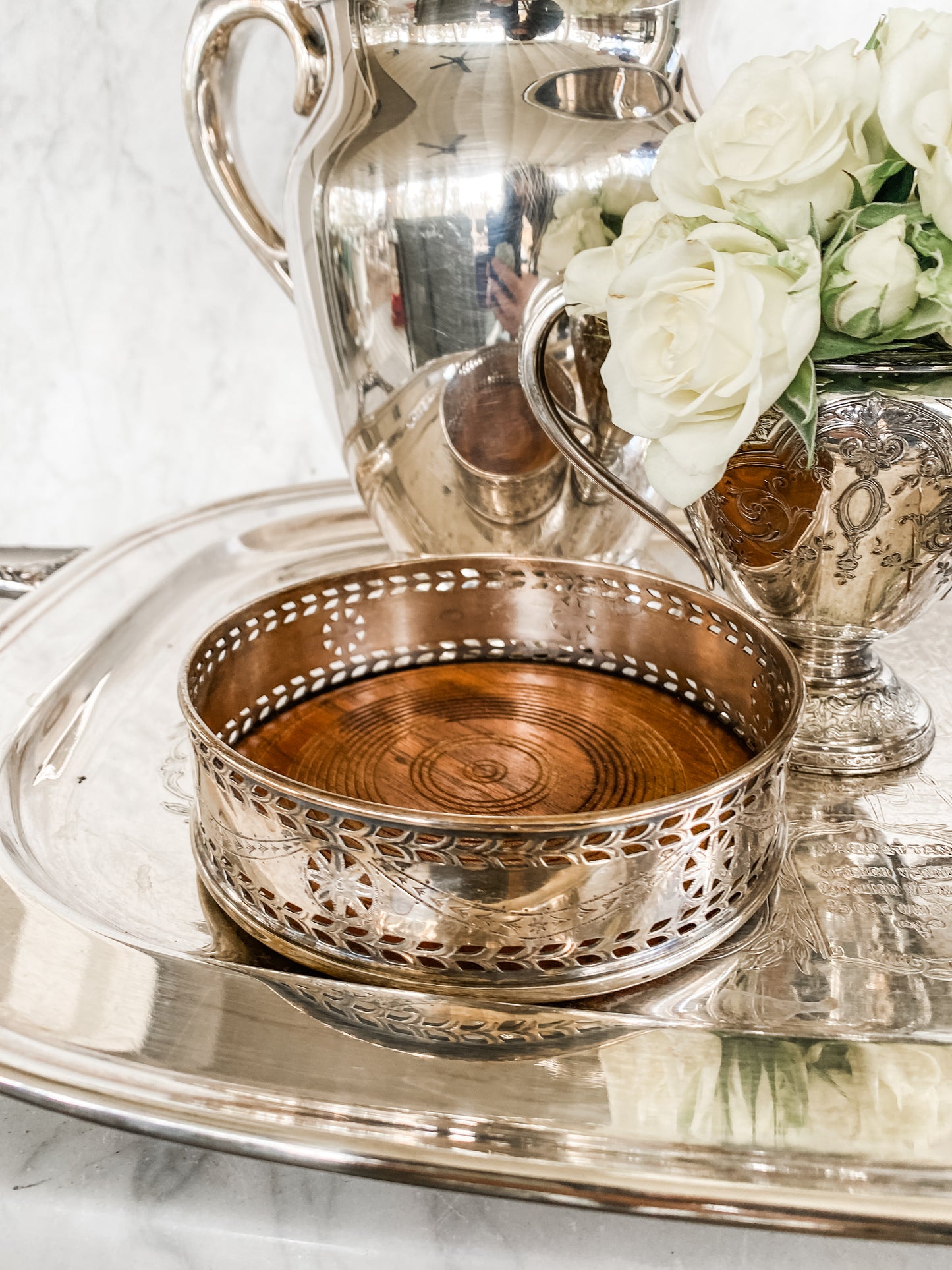 Kirk-Stieff Silverplate Bottle Coaster with Punched Rim and Wooden Insert