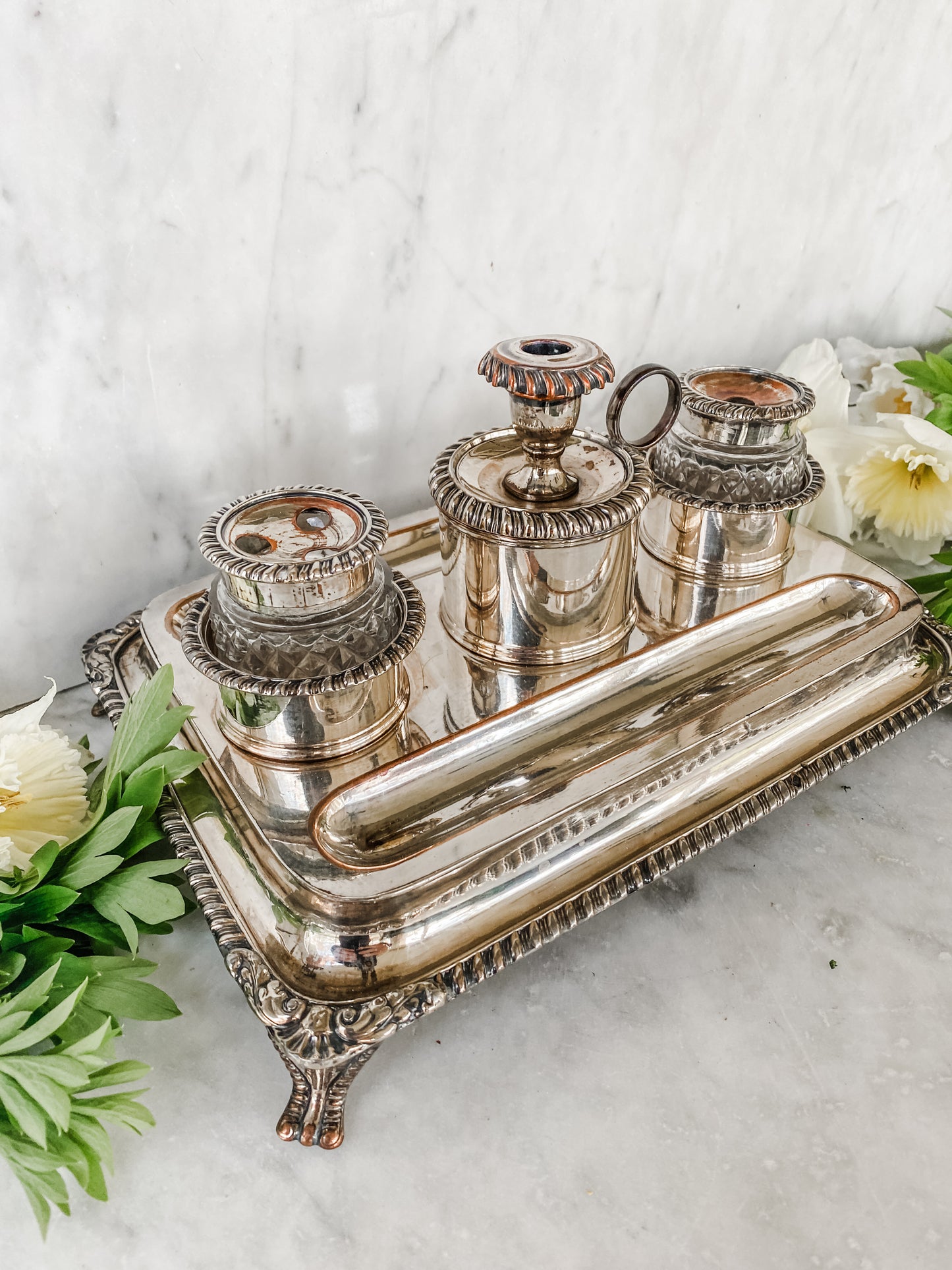 Early 1800s Old Sheffield Plate Inkwell Stand with Glass Inserts