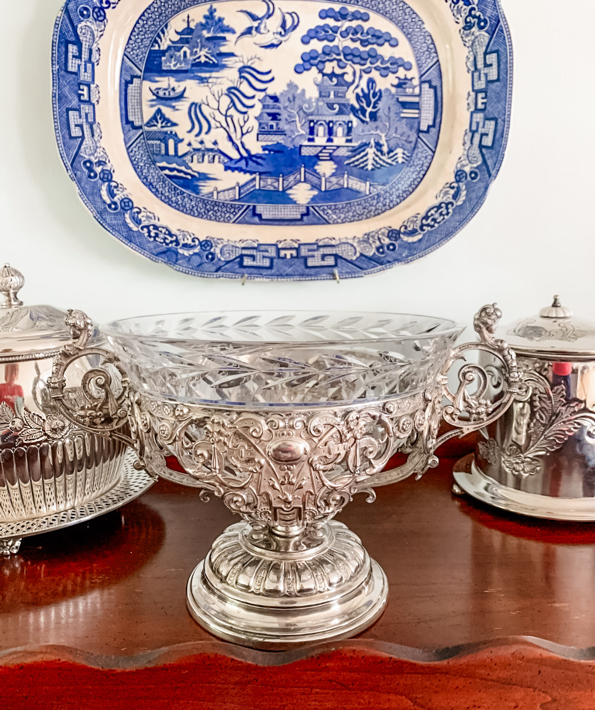 Antique WMF German Silverplate & Cut Crystal Centerpiece Bowl